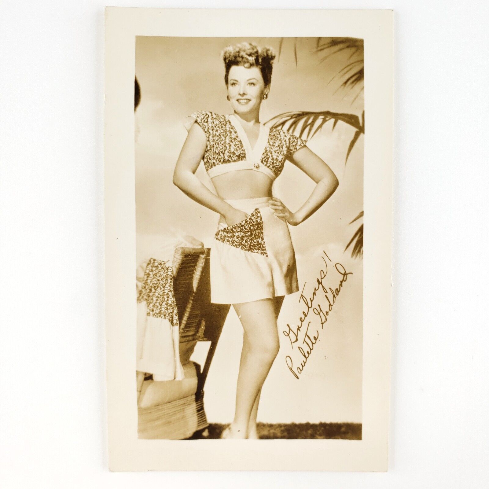 Paulette Goddard Bare Belly Photo 1940s Vintage Press Promo Greetings Art D1148