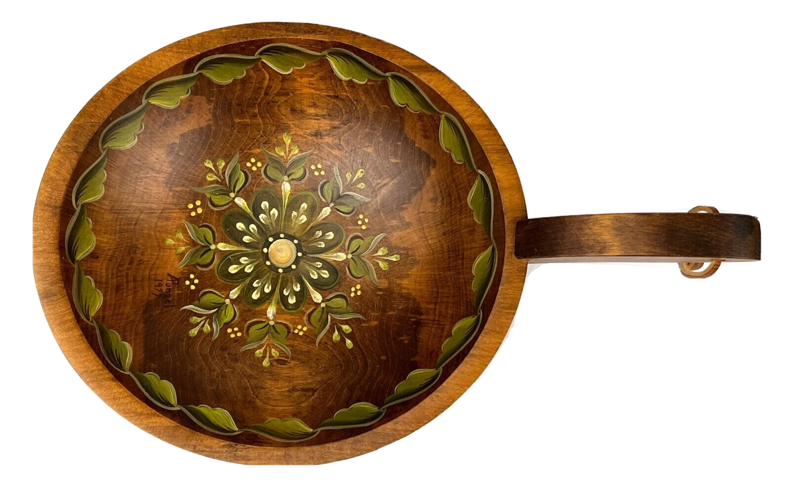 Vtg 70's Hand Painted Floral Wood Bowl w/Handle Signed, Retro Cottagecore Decor