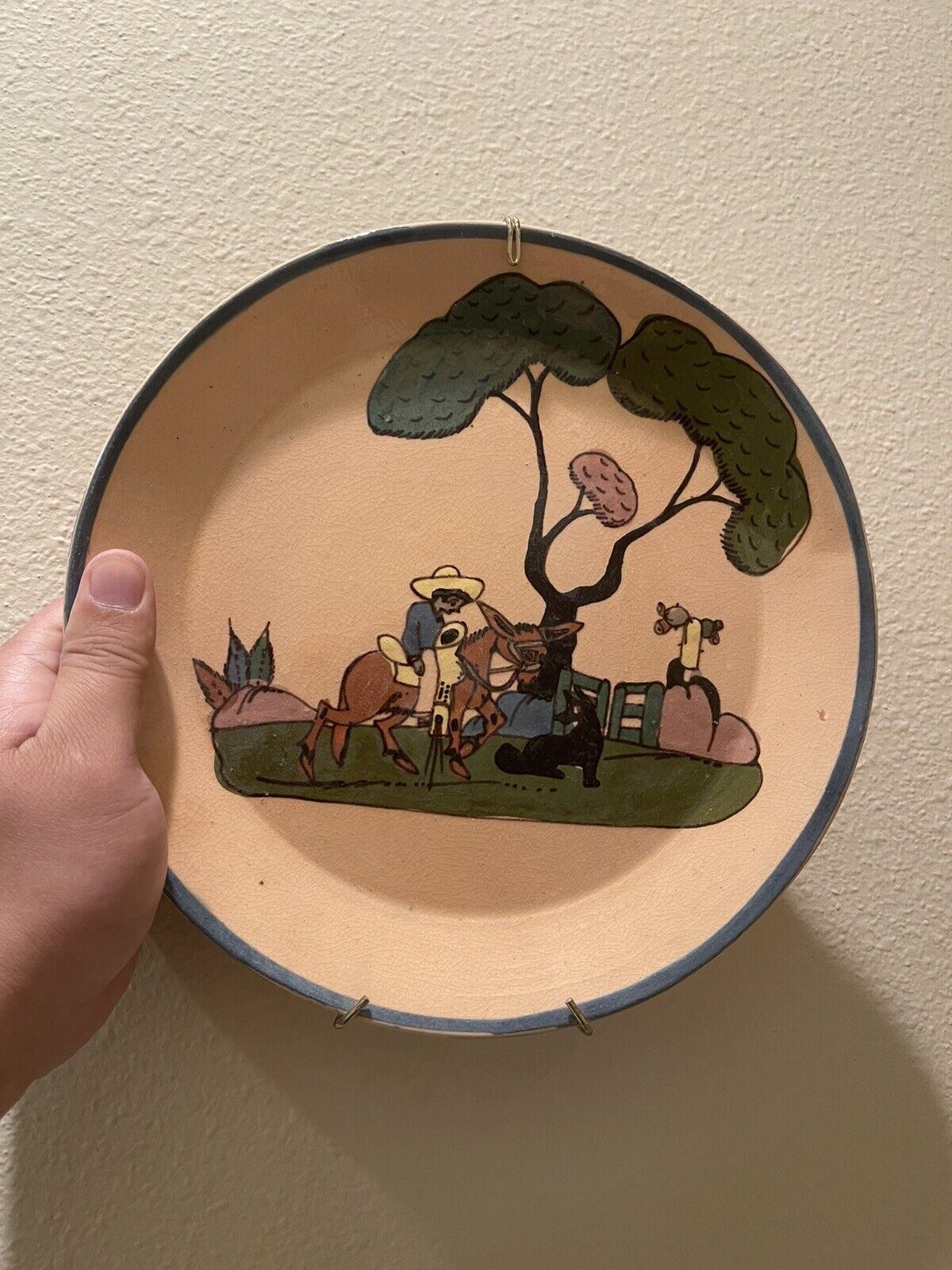 Mexico Pottery Dinner Plate Vtg Cultural Painting Donkey / Cactus- Southwestern 
