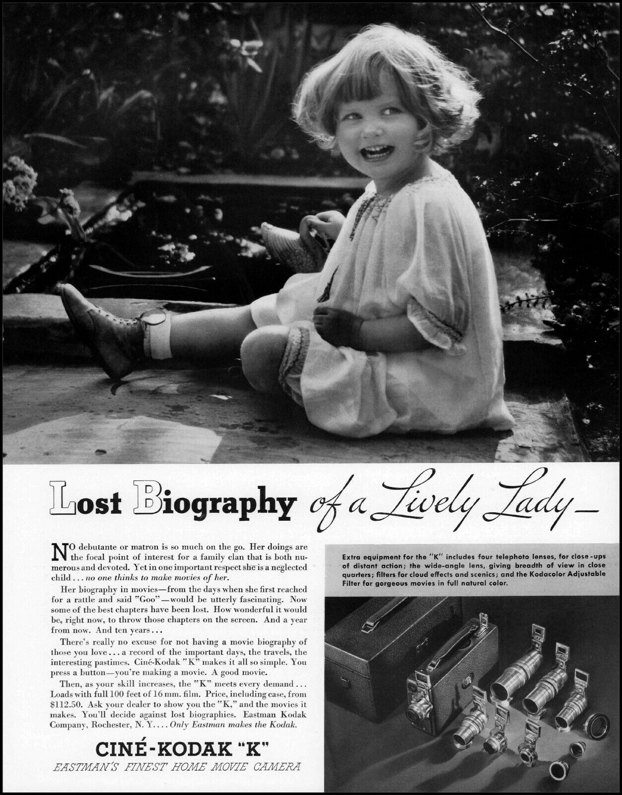 1935 Small Girl photo garden Cine-Kodak K Home Movie Camera vintage print ad L2