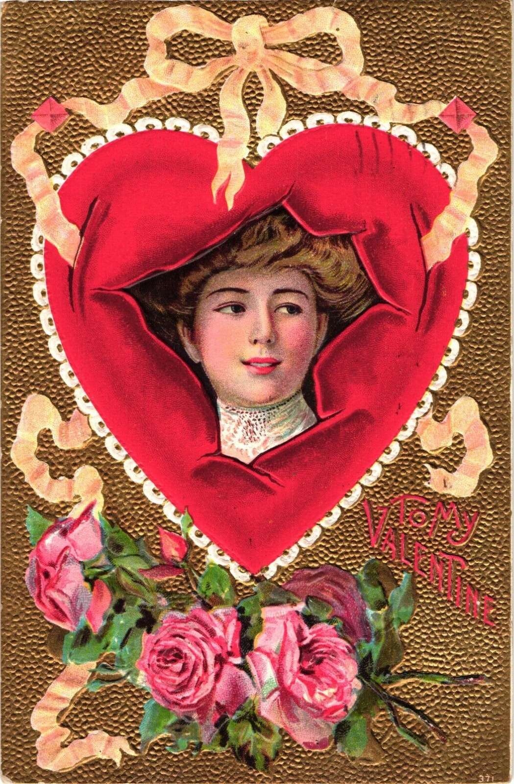 VALENTINE'S Victorian Lady Roses Ribbons Heart Embossed Antique c1912 Postcard