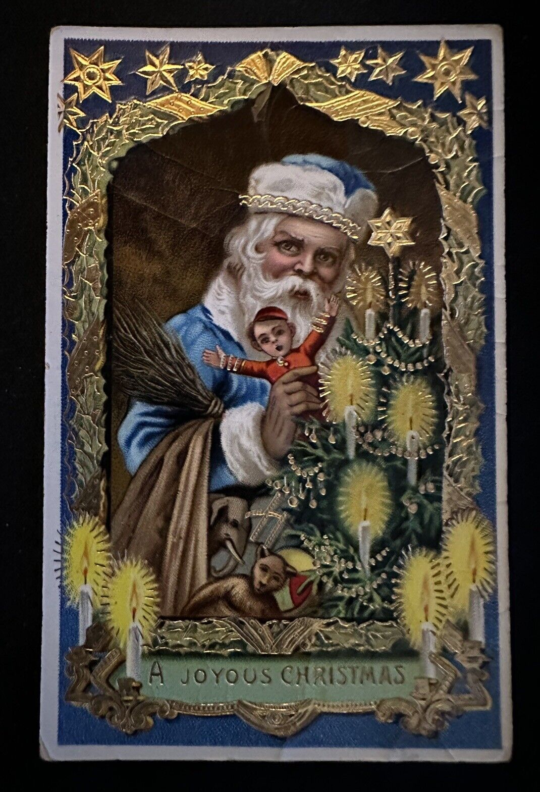 Blue Robe Santa Claus with Doll~Candles~Bear~ Gel~Christmas Postcard~k676