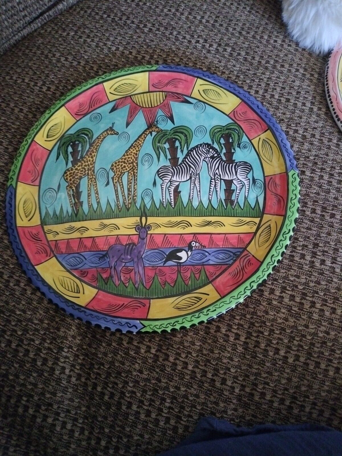 Penzo African Art Plate 12” Zimbabwe Hand Painted Signed 1998 Zebras Camels