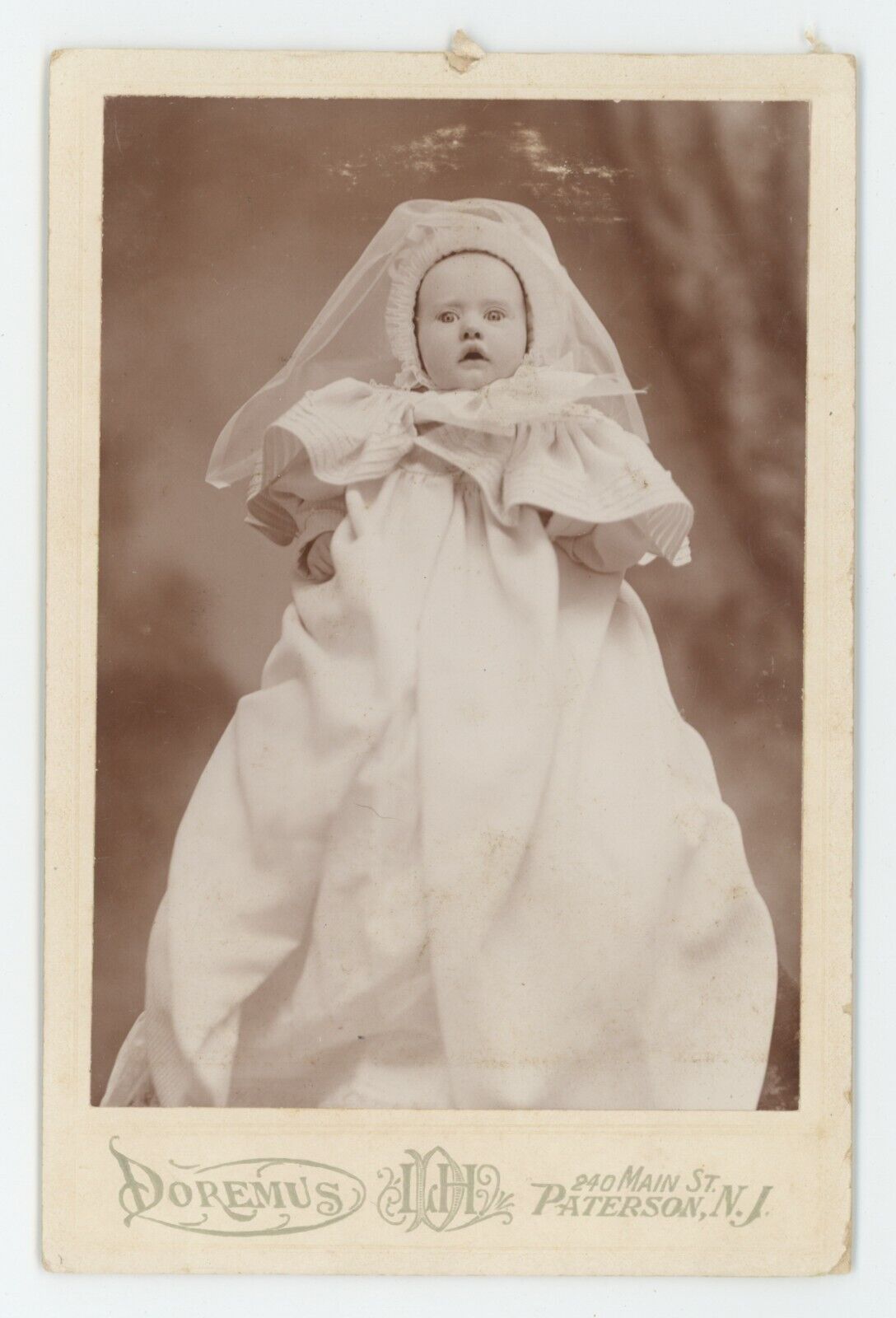 Antique c1880s Cabinet Card Cute Baby White Dress Bonnet and Veil Paterson, NJ