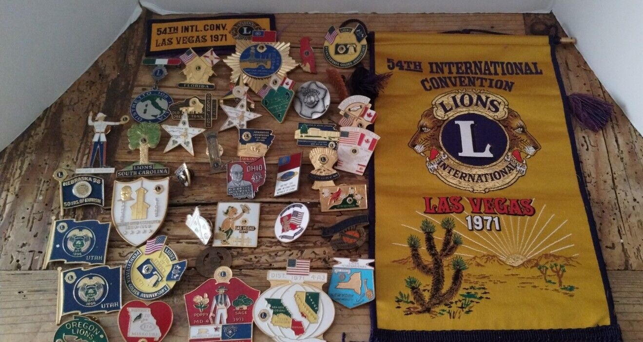 Lot of  Vintage LIONS Club Pins 1960\'s-70\'s and Las Vegas  1971 banner