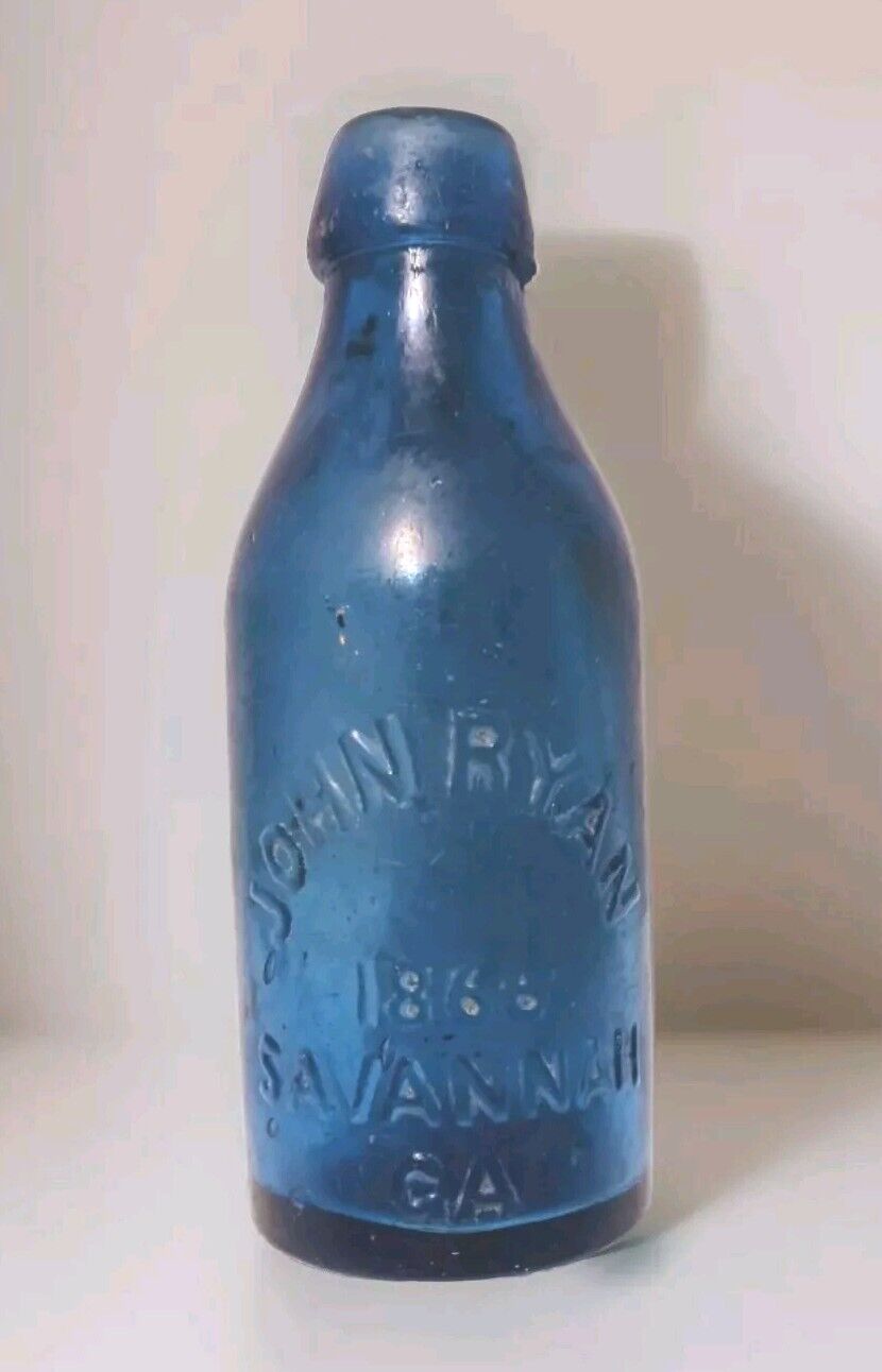 RARE ANTIQUE COBALT BLUE PONY JOHN RYAN 1866 EXCELSIOR SODAWORKS SAVANNAH, GE