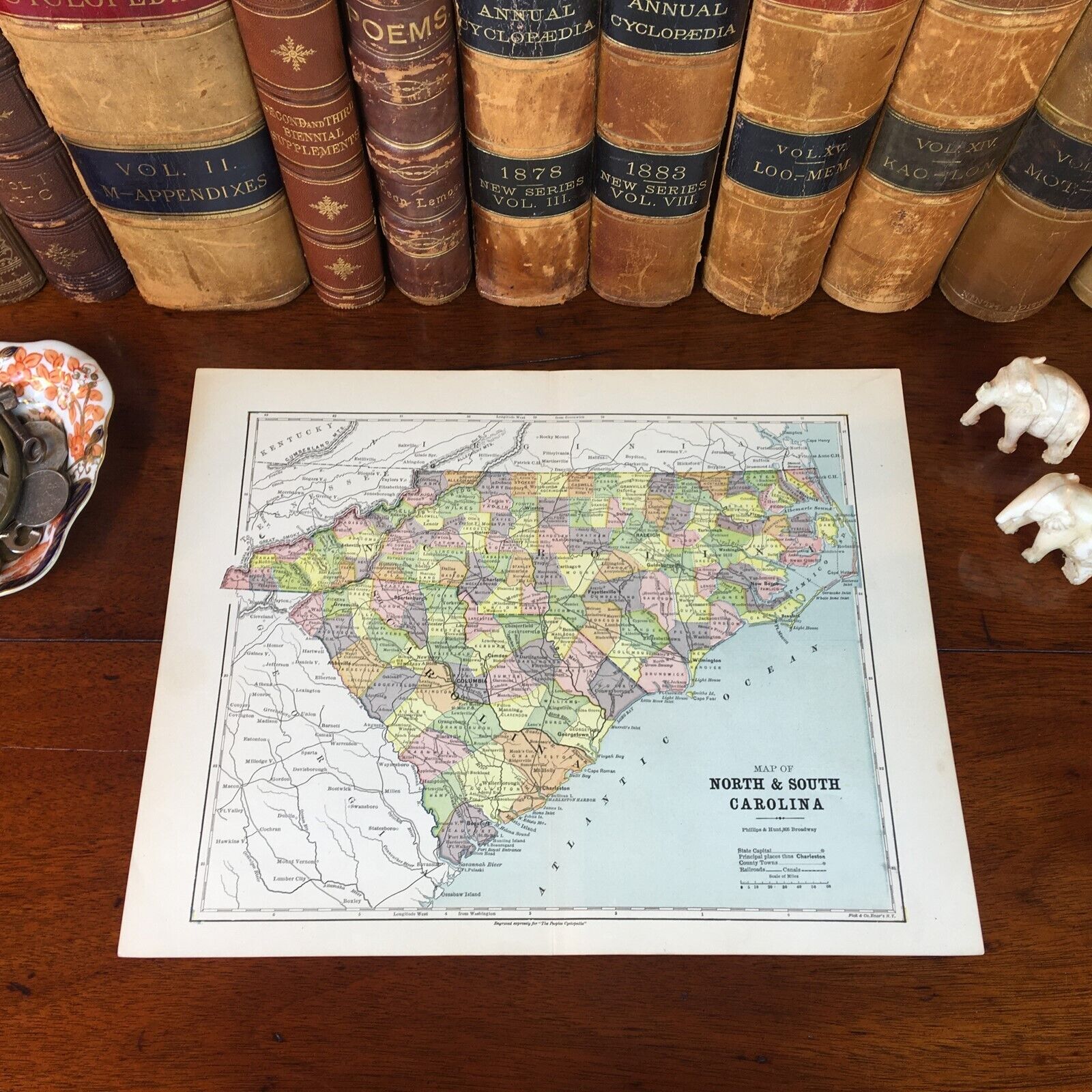 Original 1885 Antique Map NORTH SOUTH CAROLINA Greenville Durham Columbia Greer
