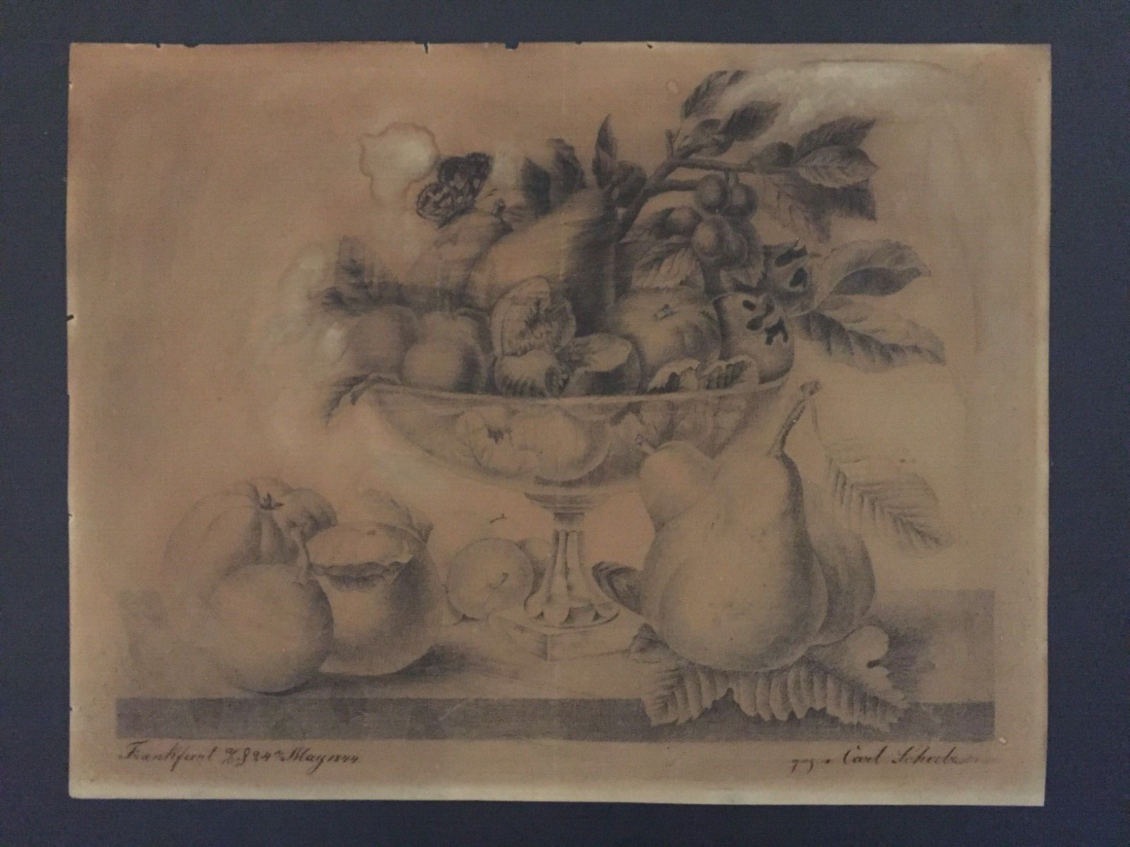 1844 Carl Friedrich Schulz (German painter) Original Pencil Drawing- Fruit Bowl