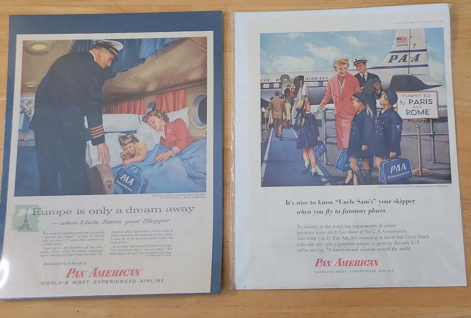 Pan Am American Vintage 1955 &56 original airplane advertisements. 1 is sealed