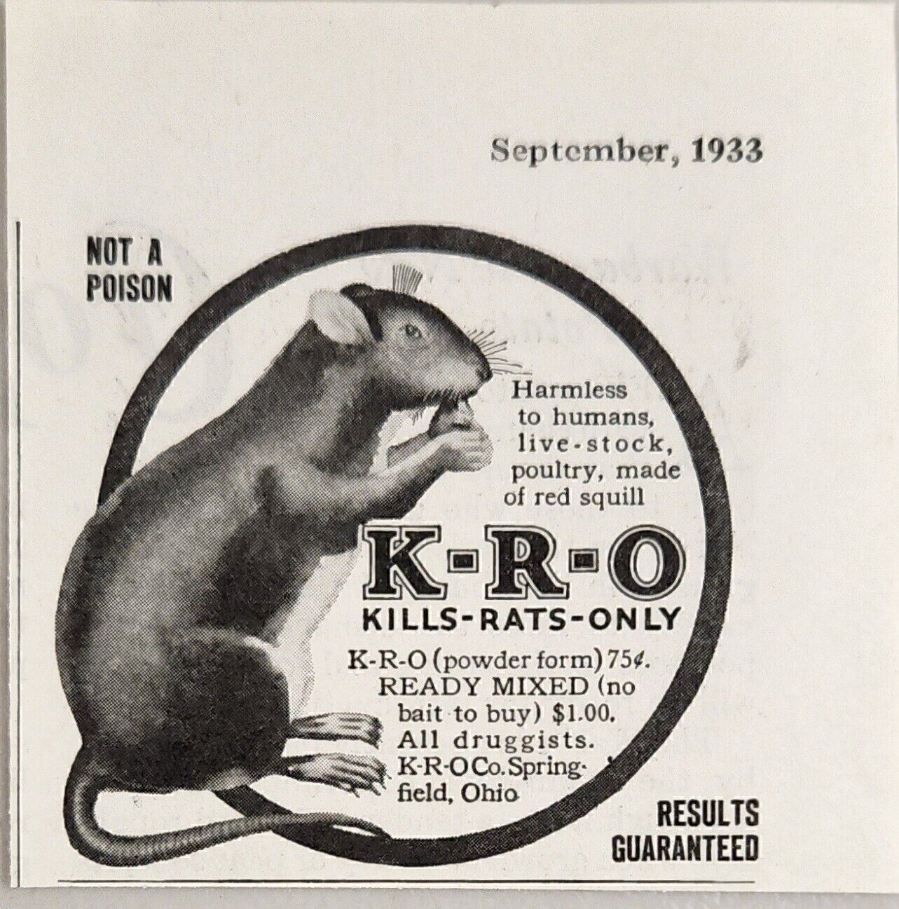 1933 Print Ad K-R-O Kills-Rats-Only Not Livestock,Animals Springfield,Ohio