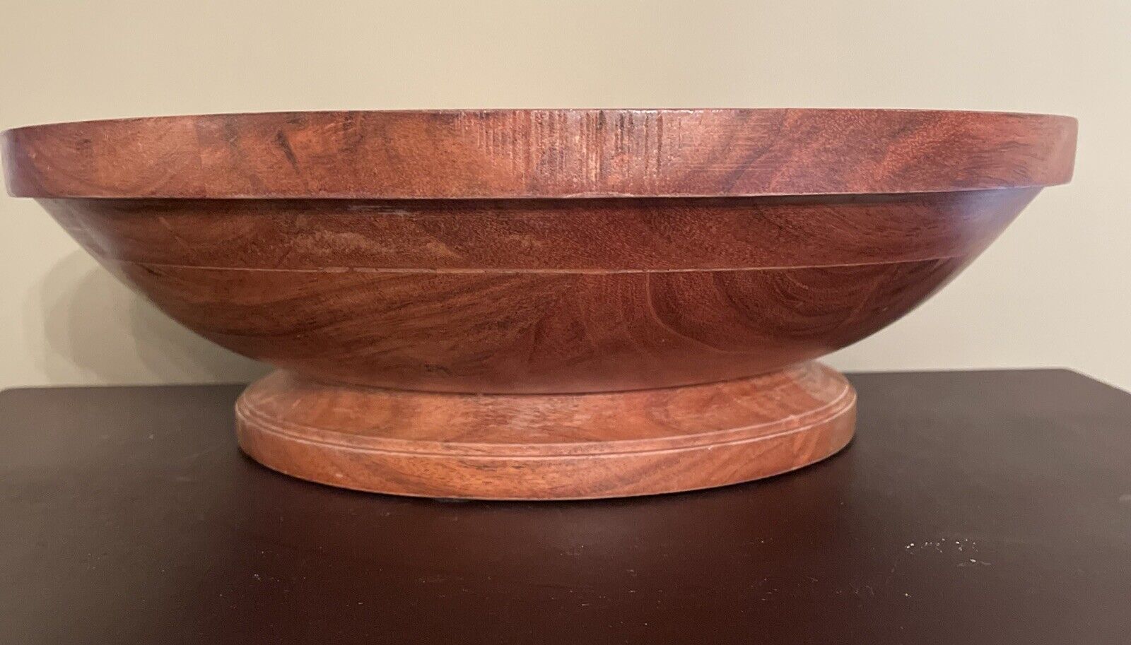 Vintage 13” Wooden Fruit Bowl 13” X 4” Footed Round Heavy 1970s