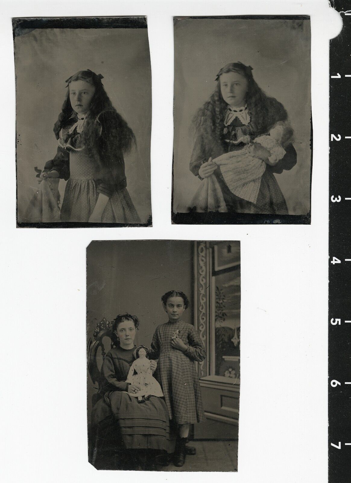 3x c. 1860's Girls with Dolls Tintype Photos