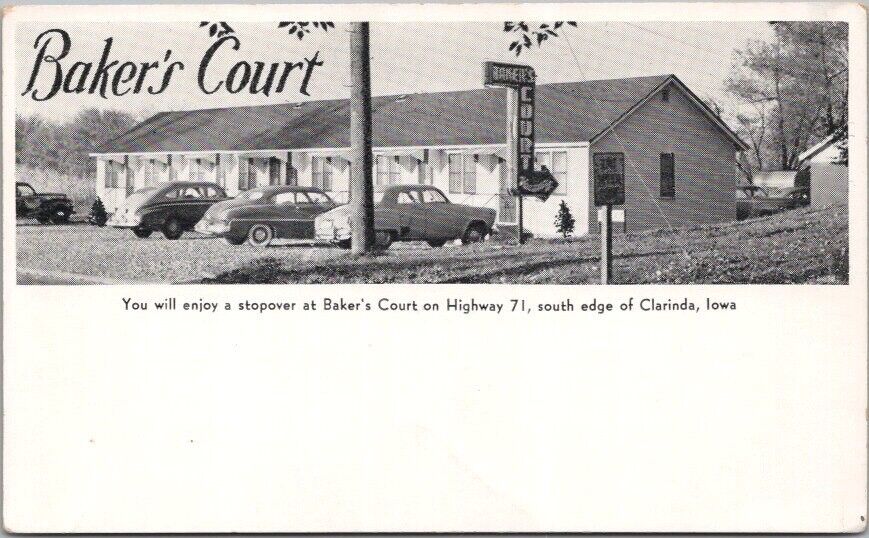 CLARINDA, Iowa Postcard BAKER\'S COURT Highway 71 Roadside / Early 1950s Cars