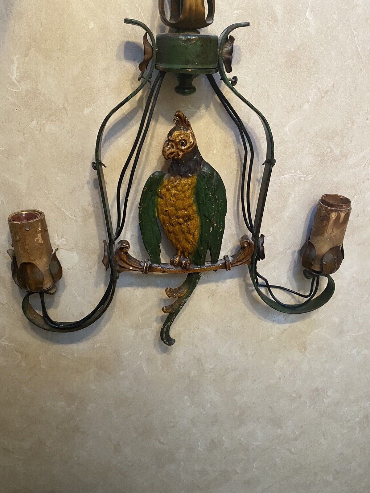 ANTIQUE HUBLEY CAST IRON PARROT BIRD HANGING LAMP STATUE SCULPTURE All Original
