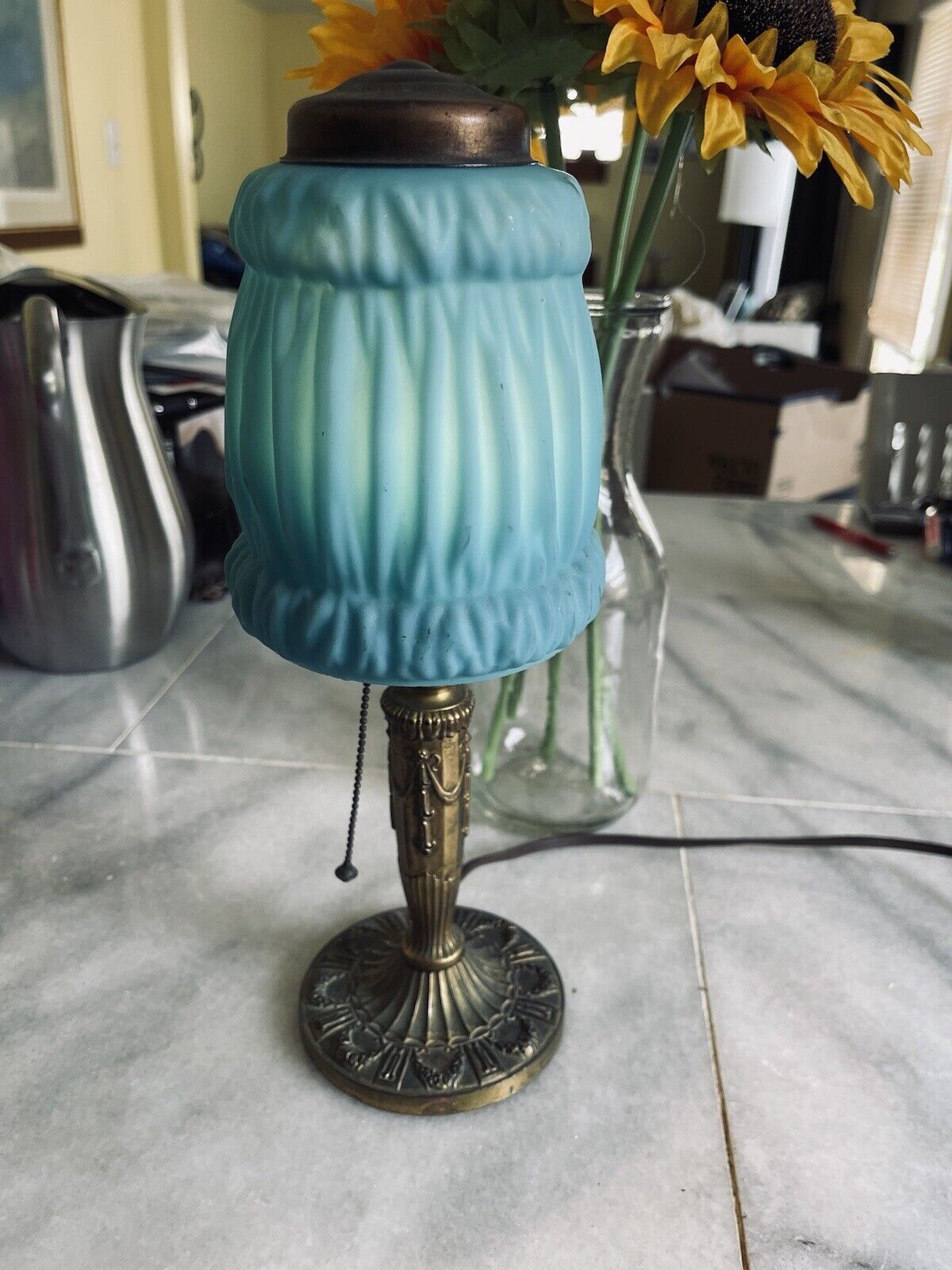 Vintage Art Deco Small 12” Lamp - Brass W/ Blue Drape Glass Shade Boudoir