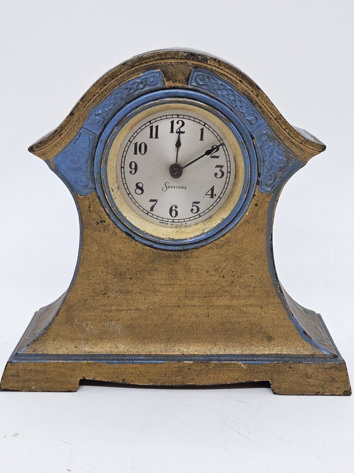 Antique Working 1920's SESSIONS Gilt Deco Cast Metal Novelty Mantel Shelf Clock