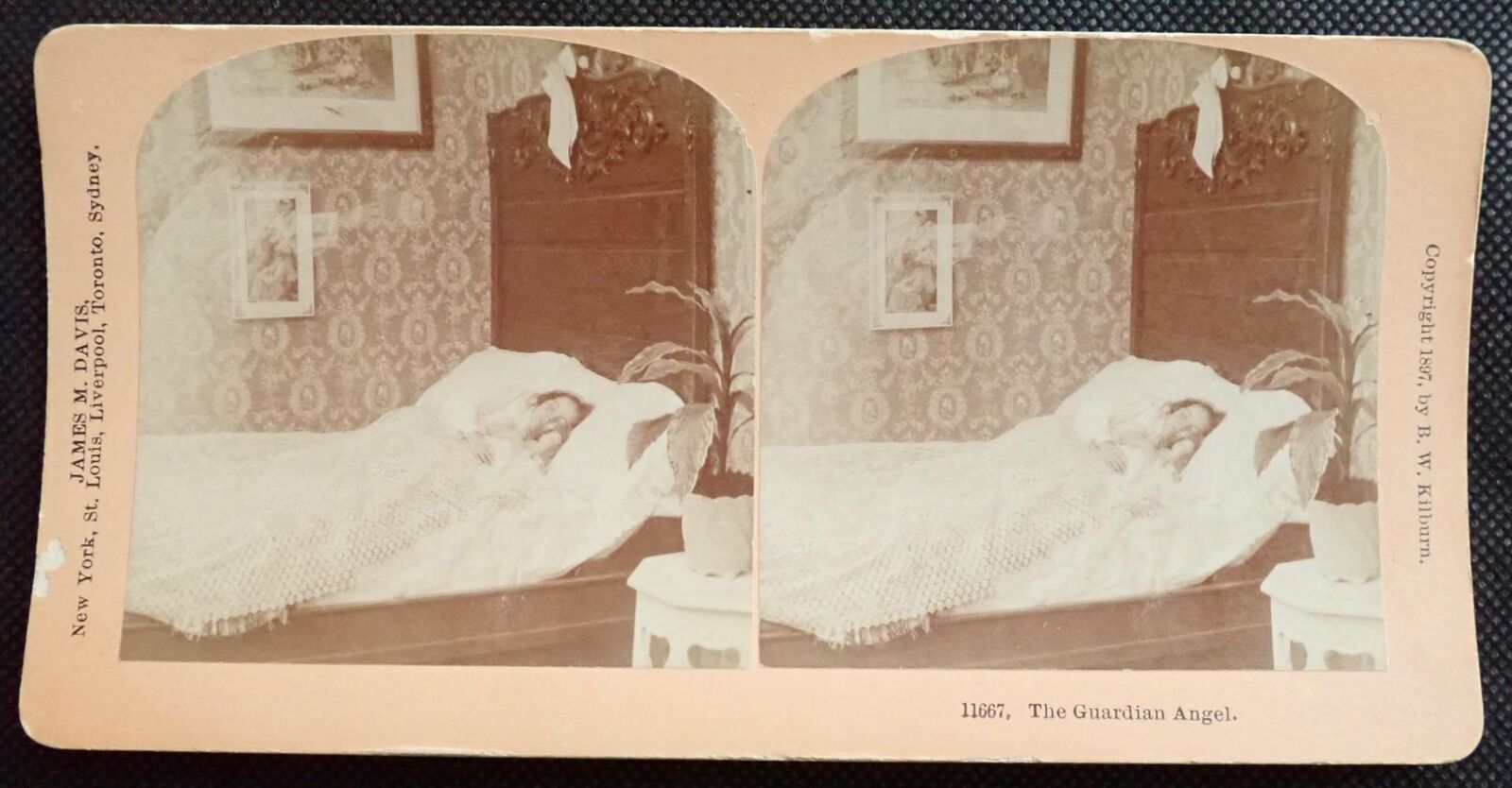 ANTIQUE Real Photo Kilburn Stereoview The Guardian Angel Sleeping Child and Doll