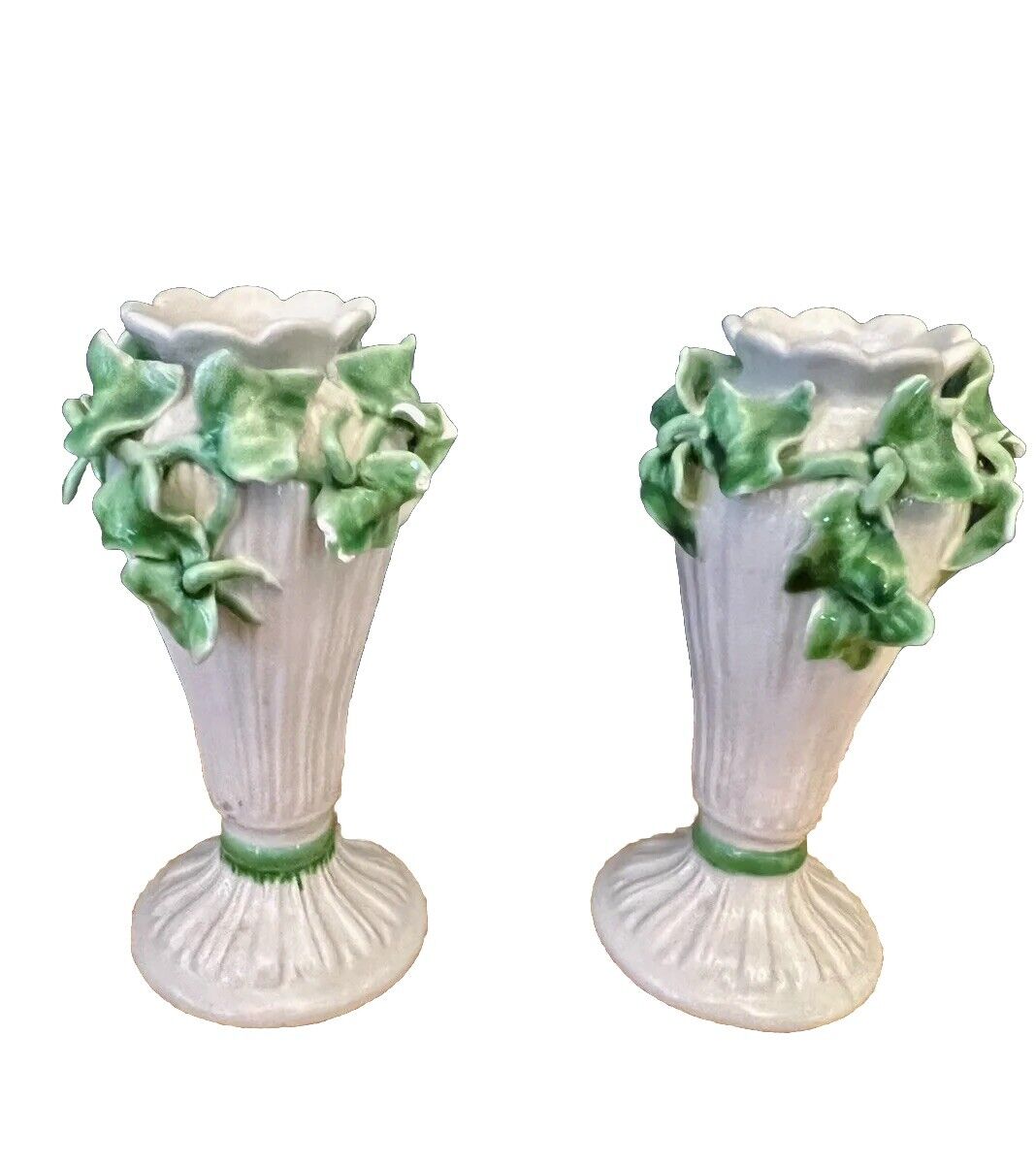 Antique Vintage Meiselman Italian White & Green Ivy candle holders Cottagecore