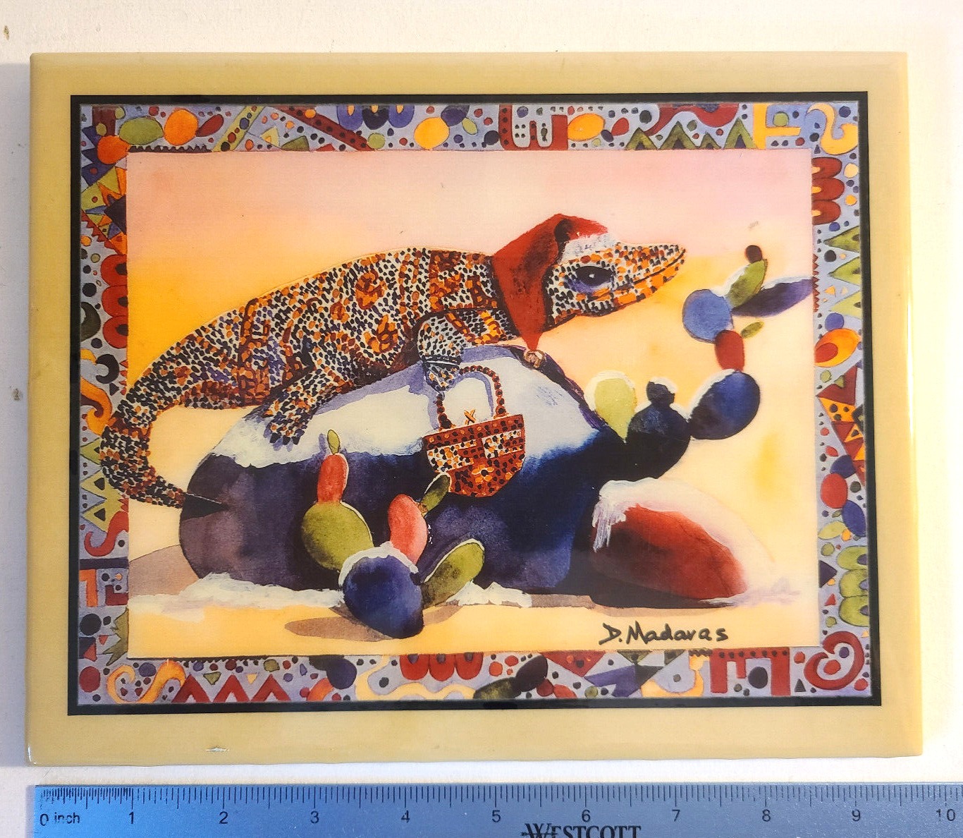 Diana Madaras Ceramic ARTile Christmas Shopper Lizard Cactus Hangable Tile USA