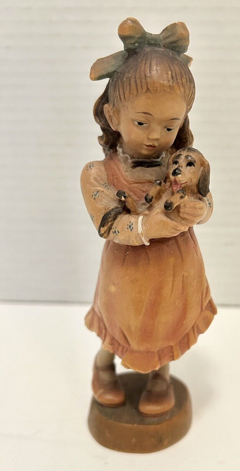 Original DOLFI Carved Wood Figure Young Girl with Dog Puppy 5.75” H *Read Desc