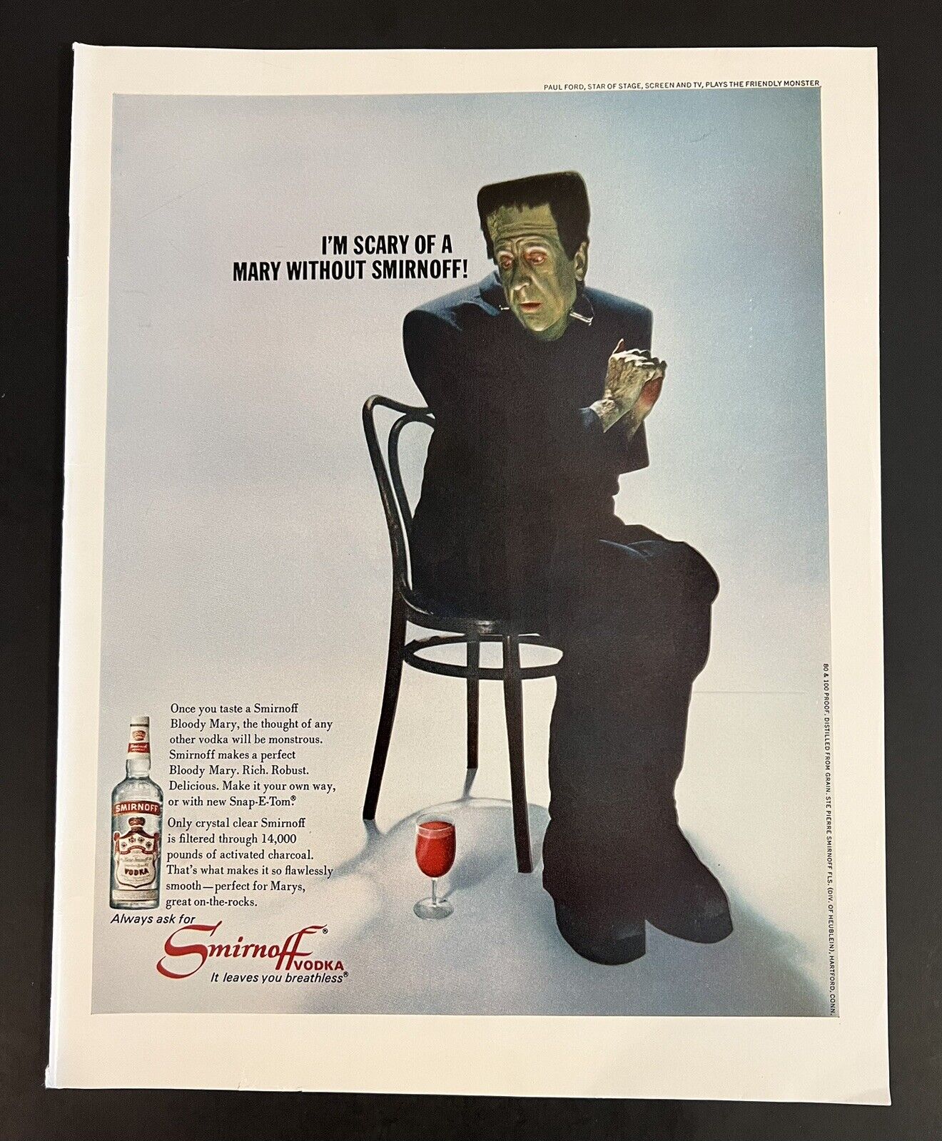 Smirnoff Vodka 1967 Life Magazine Print Ad 13x11 Frankenstein Monster Humorous