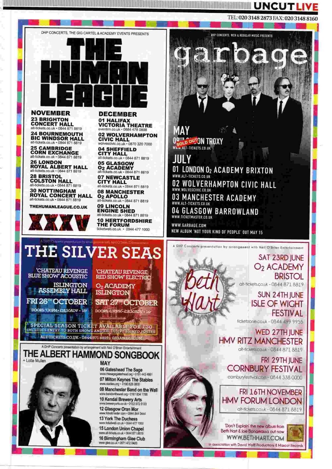 FRAMED LIVE DATES ADVERT 11X8 THE HUMAN LEAGUE, GARBAGE, BETH HART