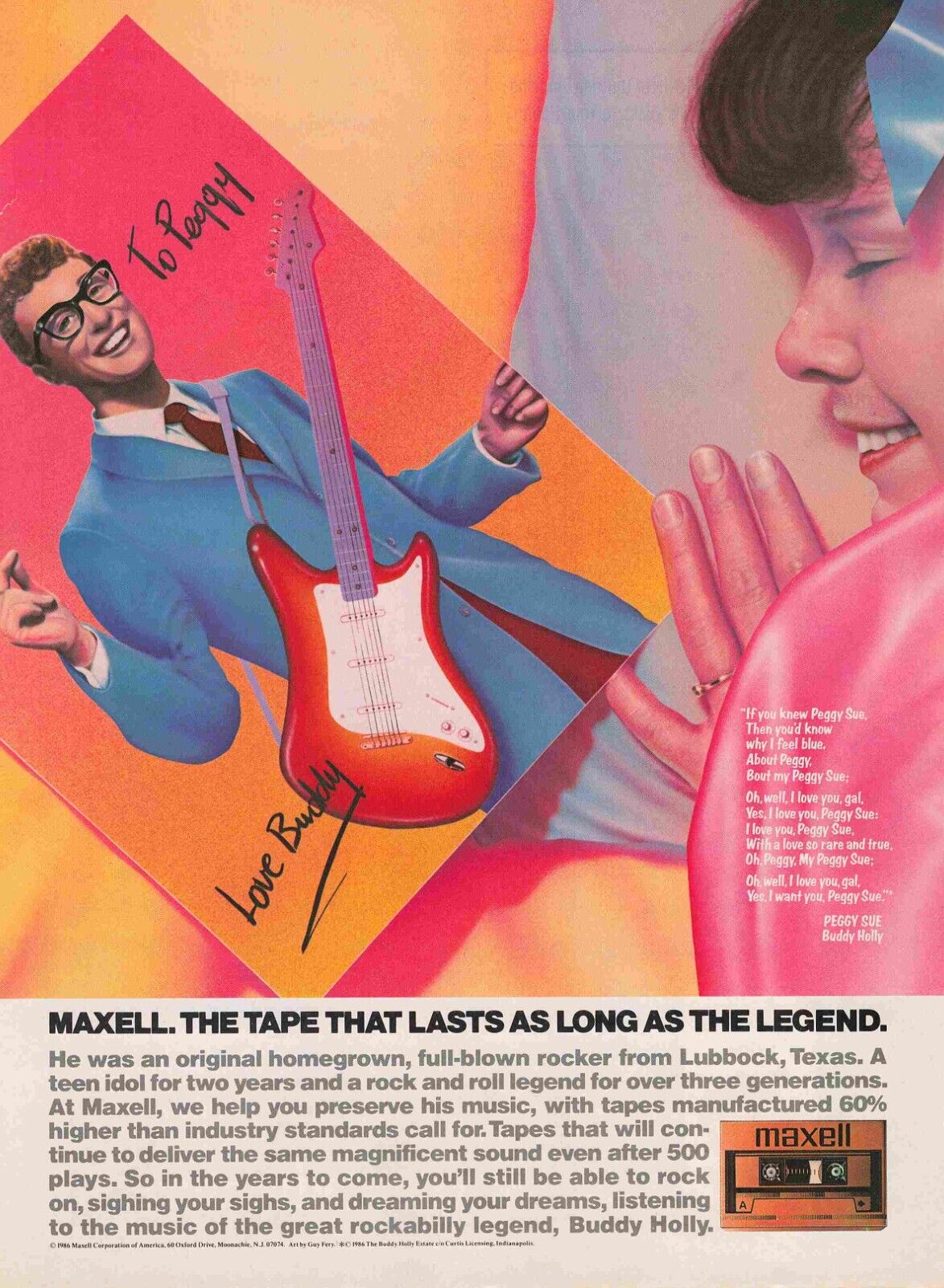 Maxell Tape Peggy Sue Buddy Holly 1980S Vtg Print Ad 8X11 Wall Poster Art