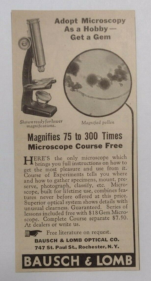 1933 Bausch & Lomb Gem Microscope Advertisement Rochester, New York