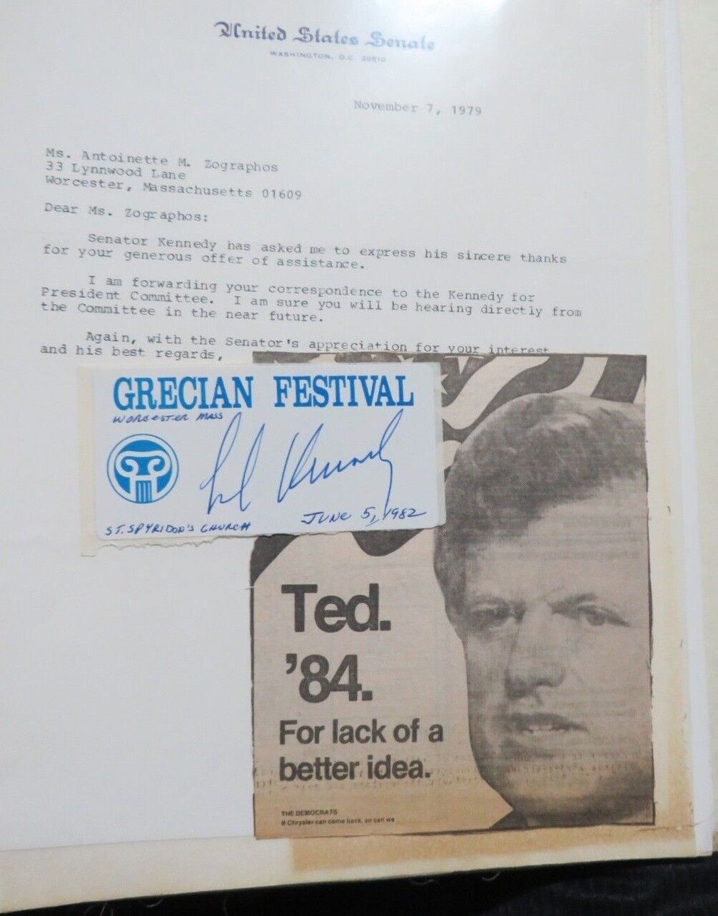 Ted Kennedy Massachusetts Senator Grecian Festival Sticker Autograph Vintage