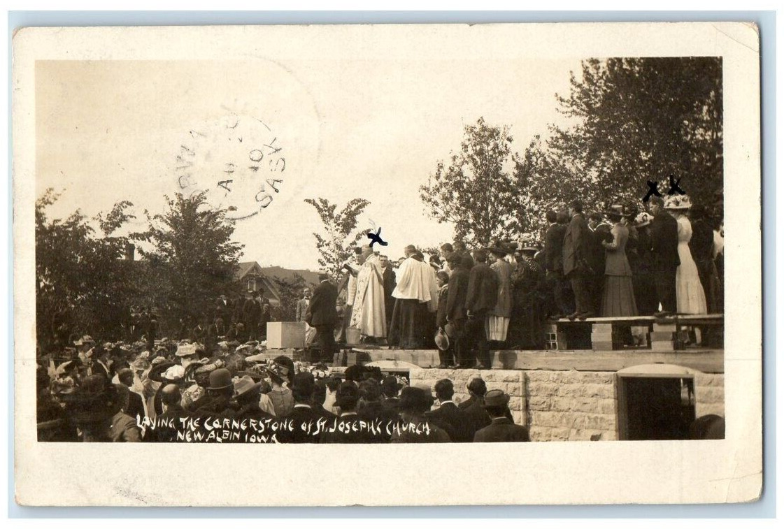 1910 Laying Cornerstone St. Joseph's Church New Albin IA RPPC Photo Postcard