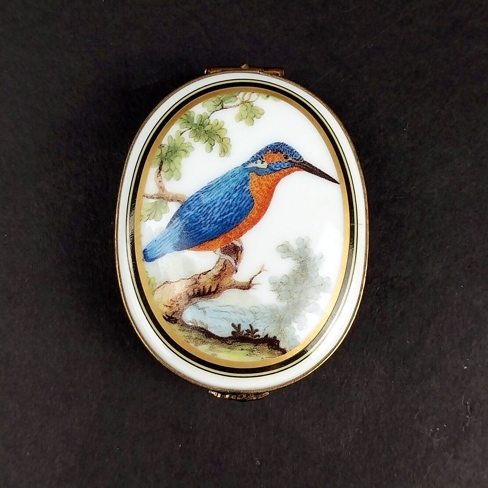Vintage Ancienne Royale Limoges France Porcelain Oval Trinket Box w/ Kingfisher