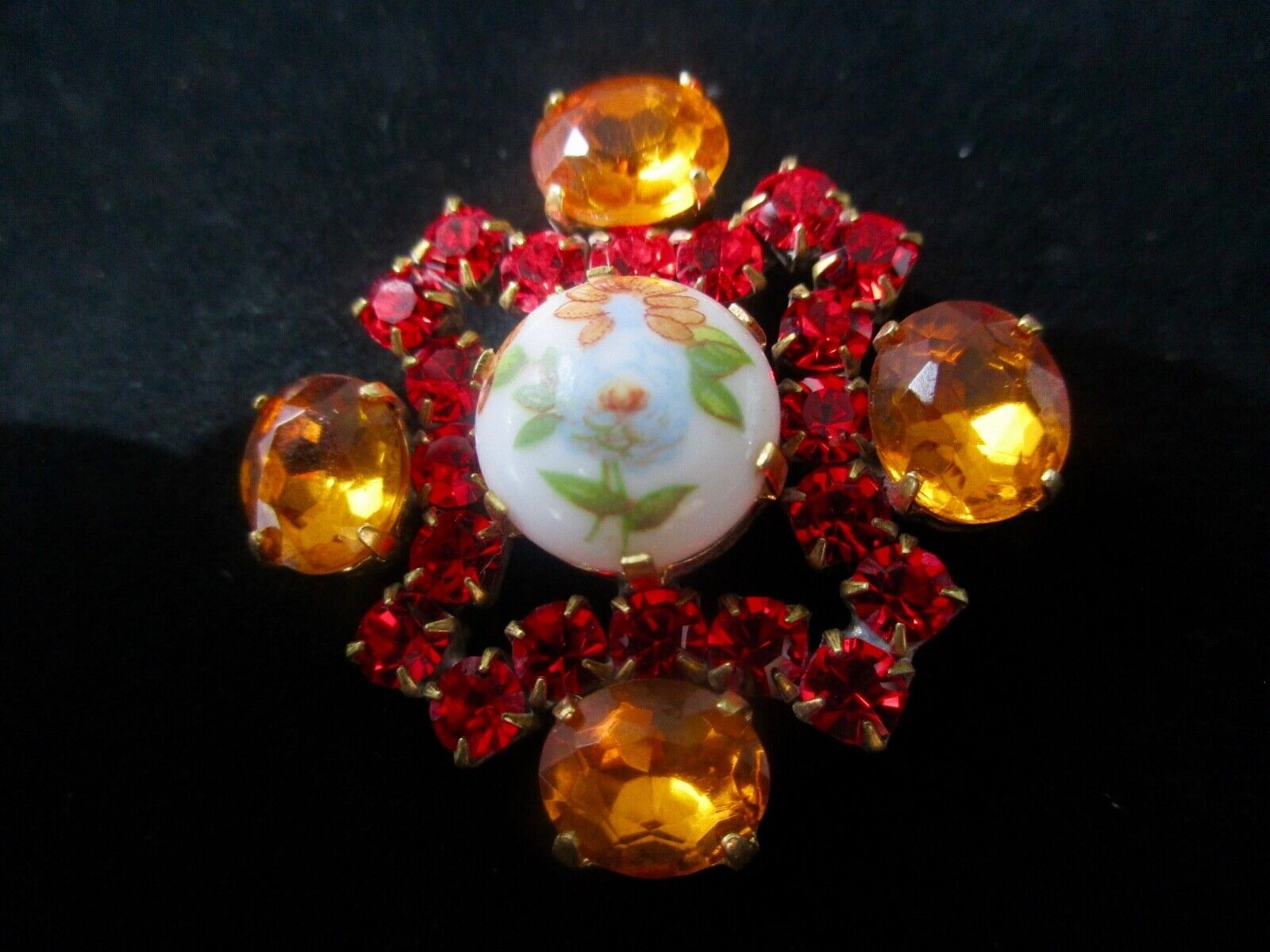 Magnificent Czech Glass Rhinestone Button  Amber & Red w/c Hand Painted Stone