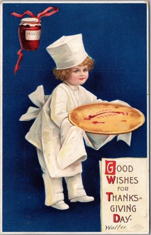 Vintage 1910 THANKSGIVING Postcard Girl with Pie / Artist-Signed CLAPSADDLE