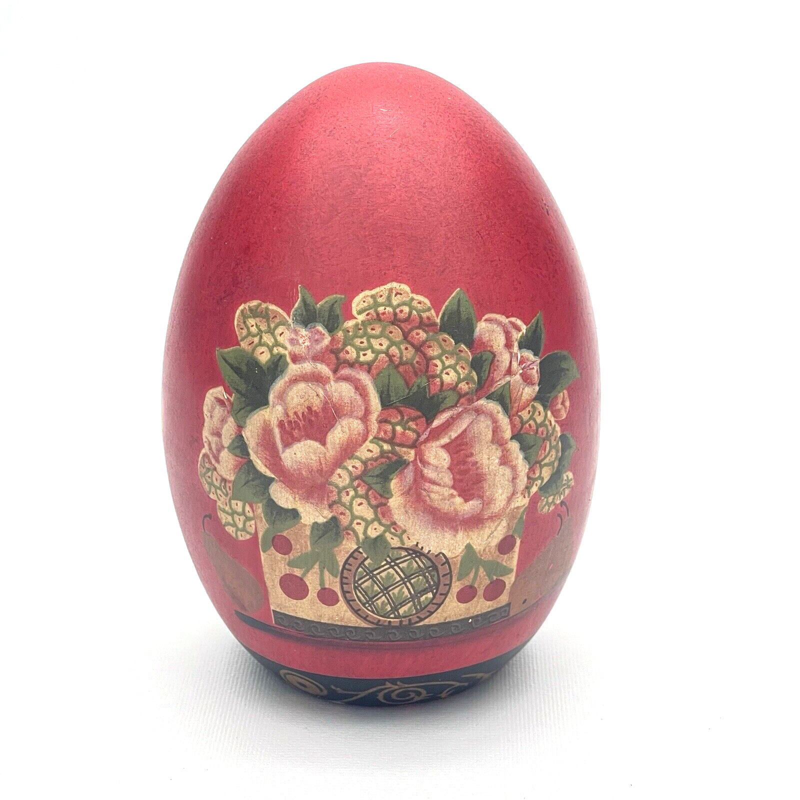 Vintage Red Ceramic Egg Hand Painted Foot Floral Flower Basket Overlay  - EUC