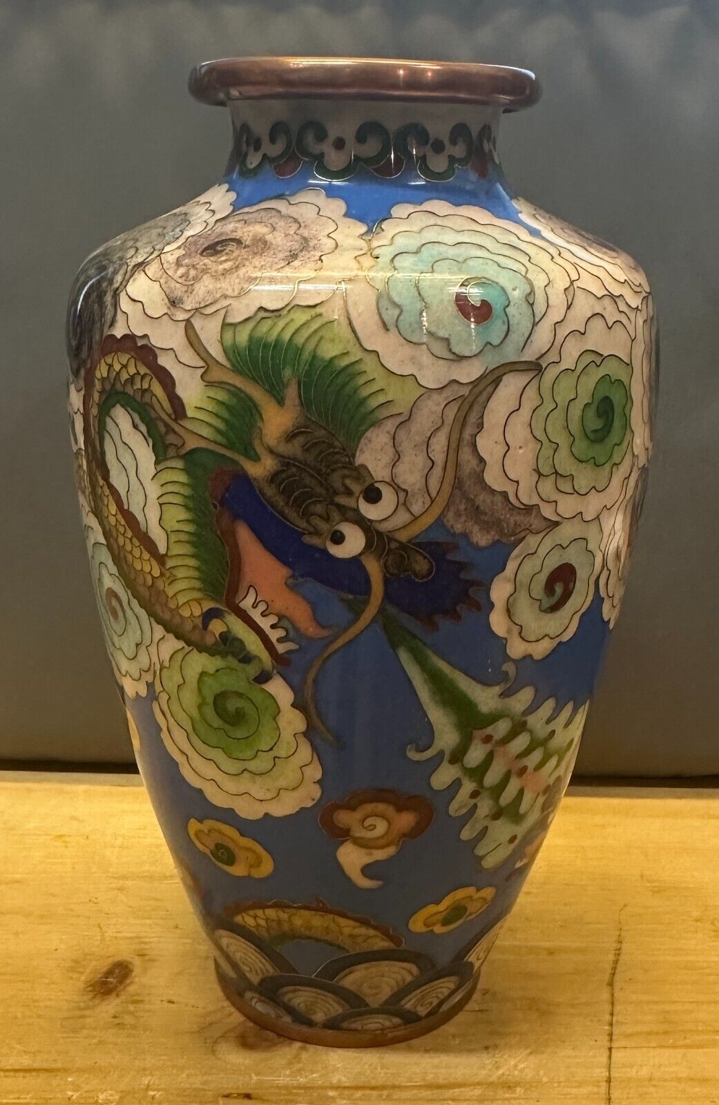 STUNNING Dragon Cloisonné Chinese Asian Blue Multicolor Decorative Accent Vase