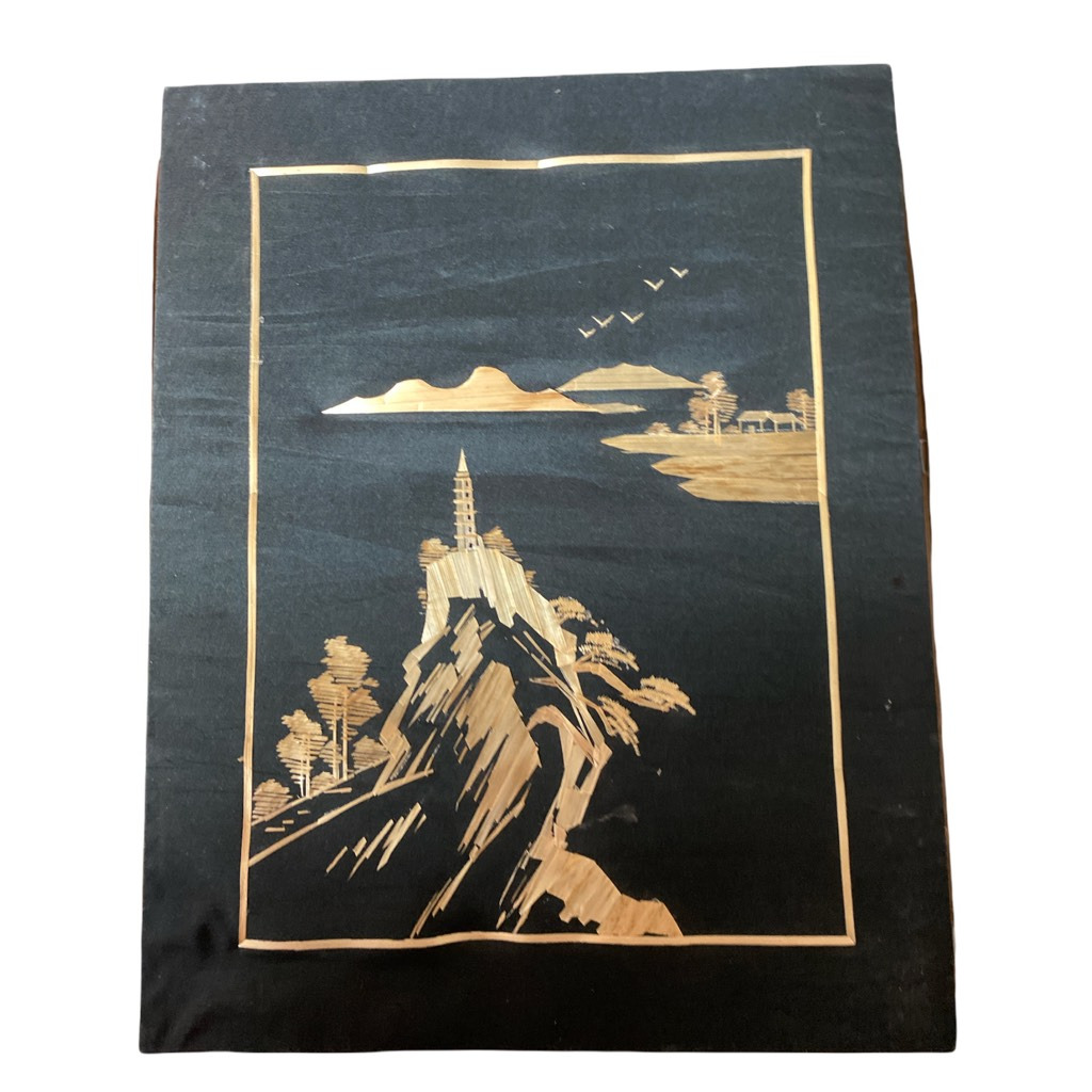 Silk Picture Chinese PRC Landscape Scene Black Gold Gilded Bamboo Frame  20 X 25