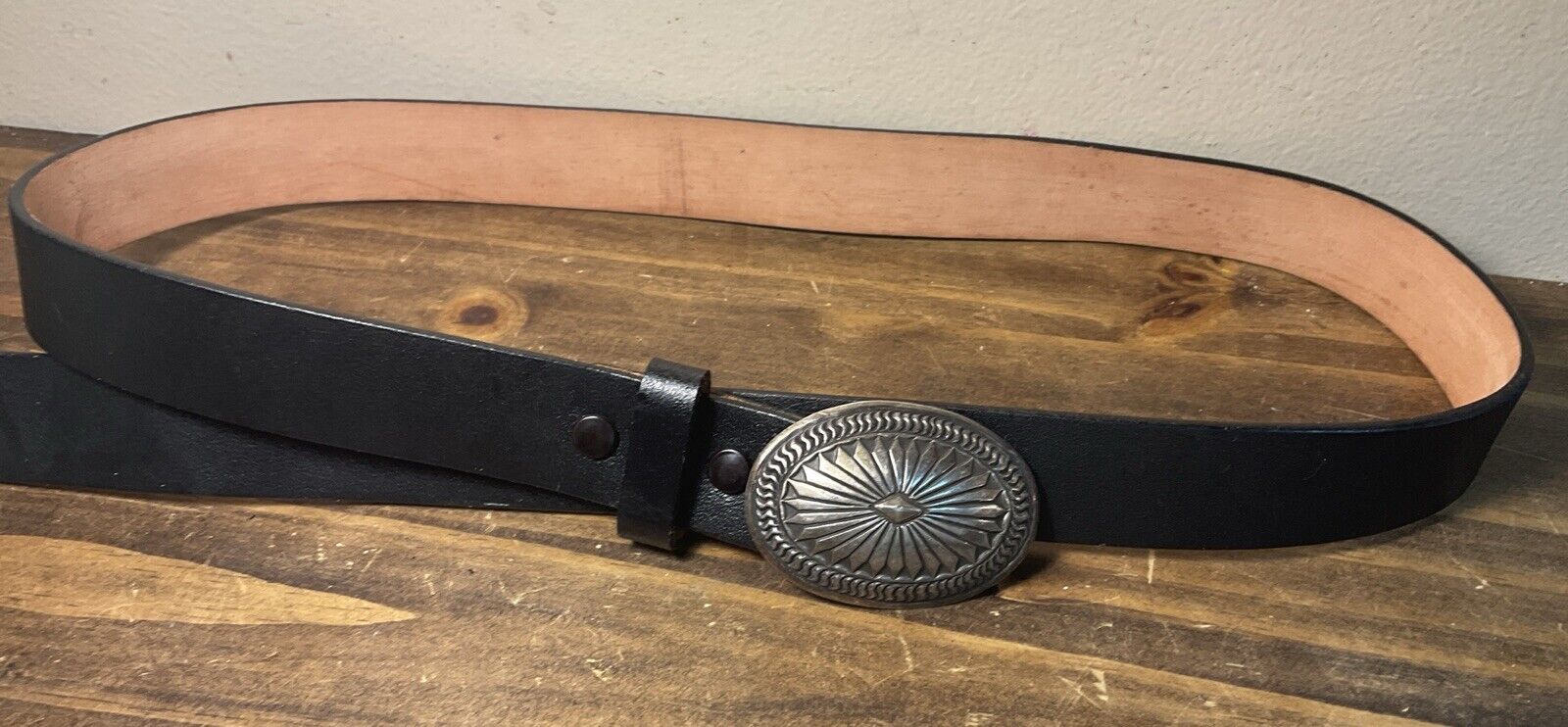 Vintage Native American Sterling Silver Belt Buckle Leather WS. Stamped Navajo