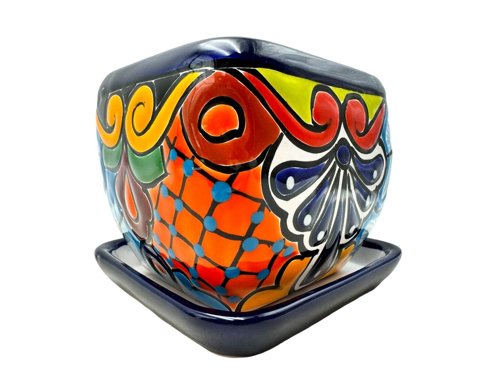 Talavera Planter w/Saucer Pot Curved Square Vase Hand Painted Colorful Ceramic
