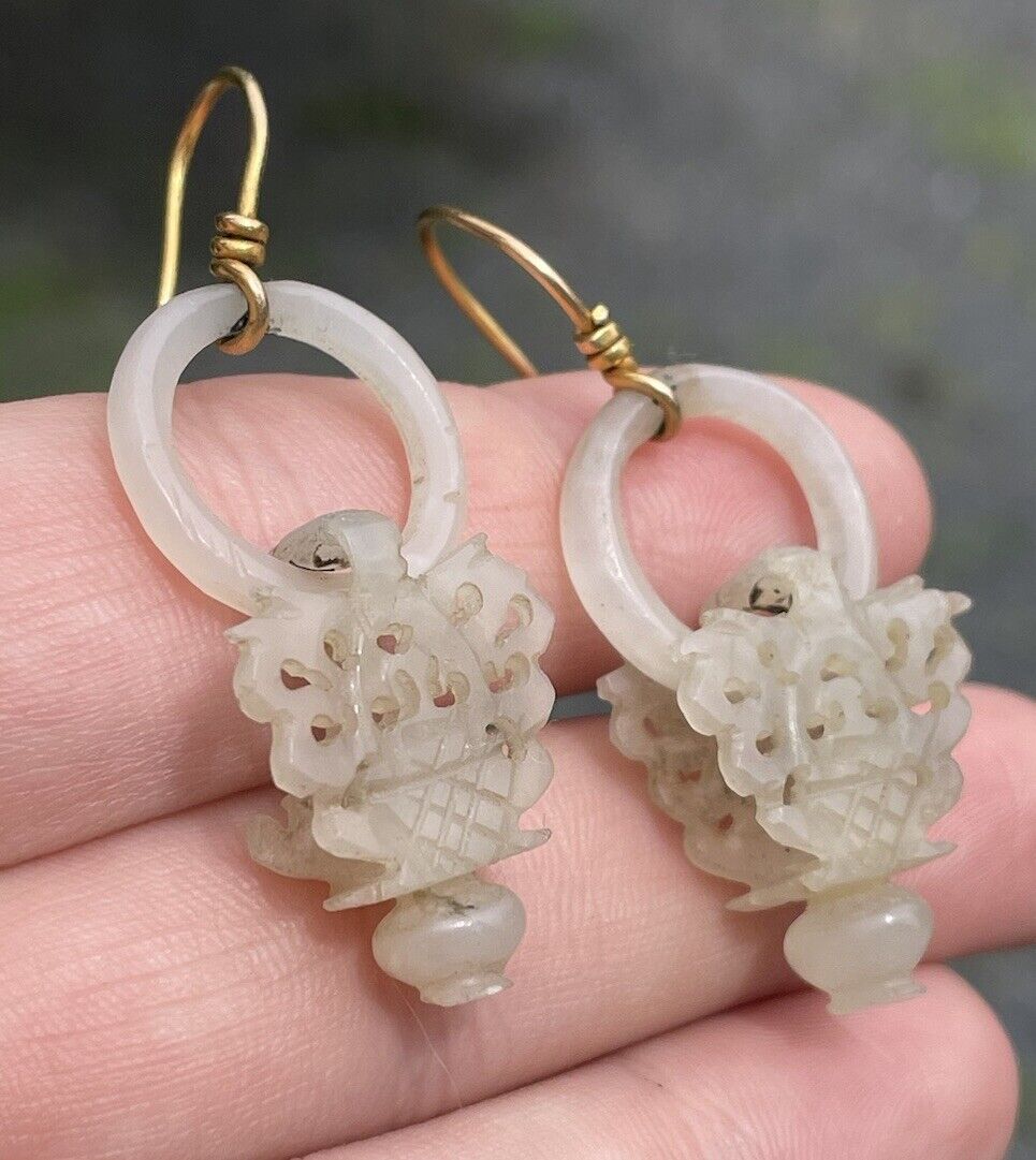 Antique Chinese Jade Devil's Work 14k Gold Earrings Hand Carved Jewelry