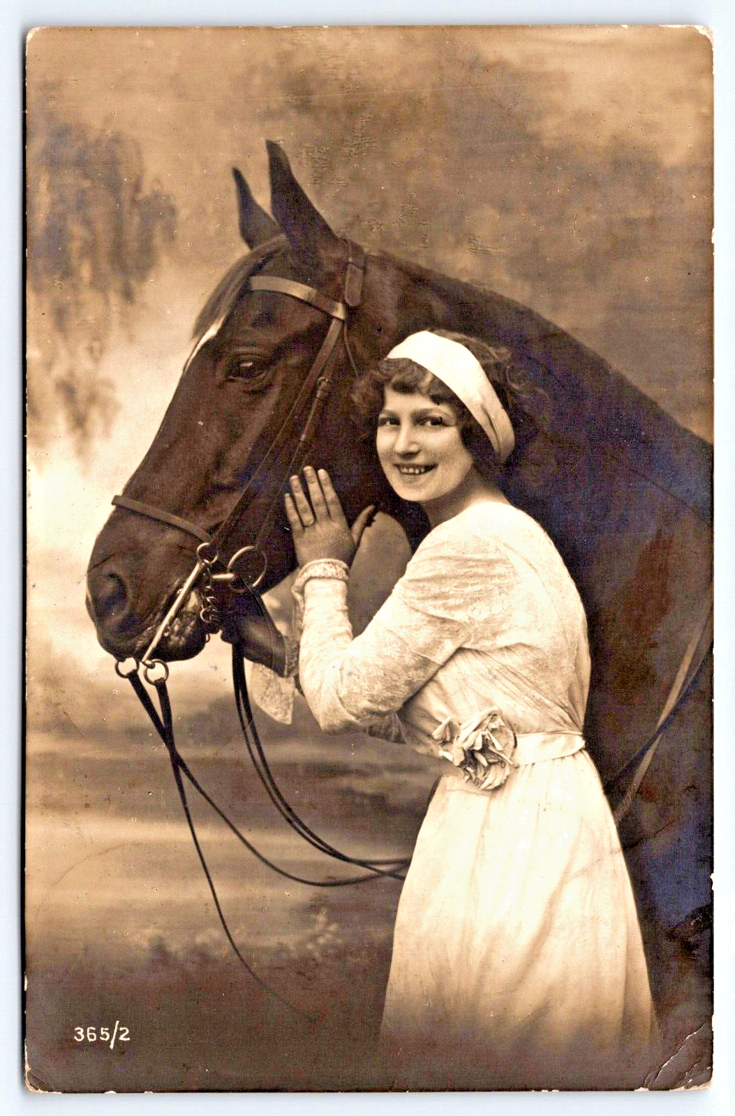 Antique RPPC 1914 French Studio Portrait Handsome Horse and Smiling Woman A31