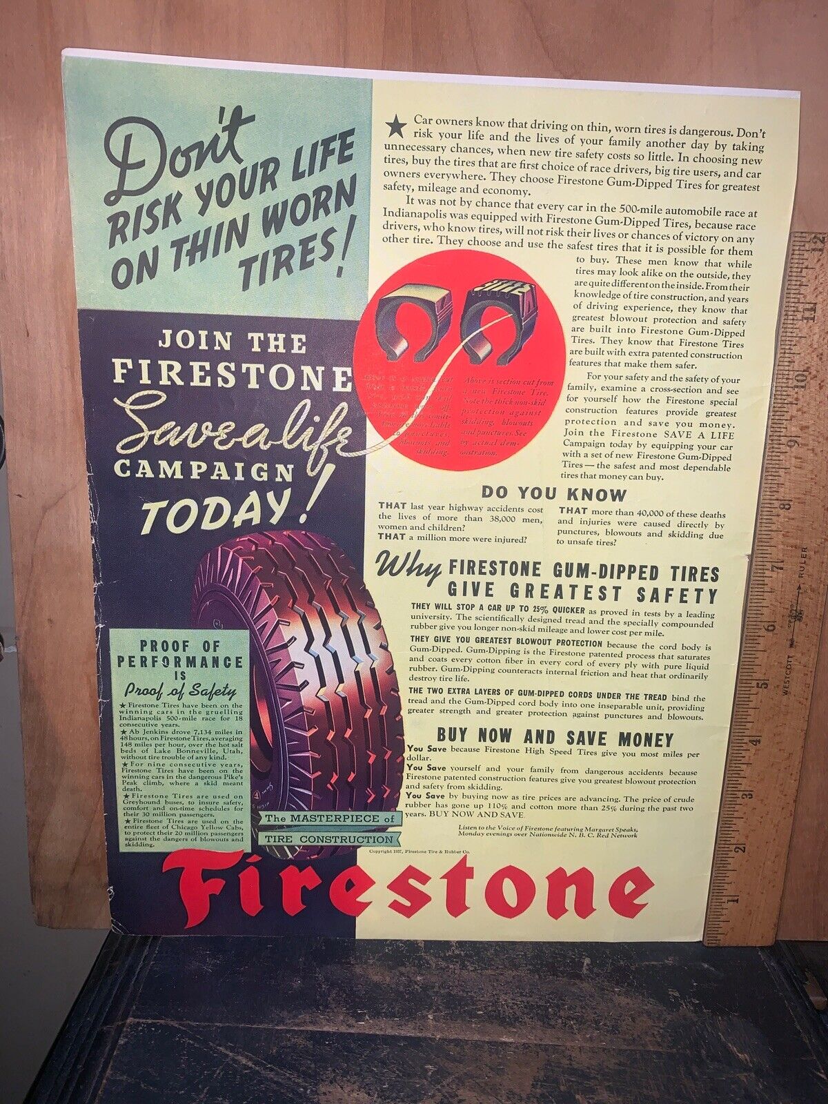 1937 Fire Stone “Gum Dipped” Tires Print Ad Vintage.
