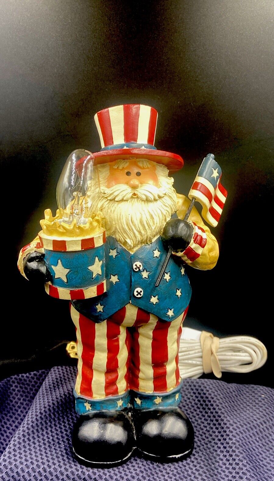 7.”1/2 Vtg Lamp Christmas in July Uncle Sam Santa Stars & Stripes 4th of July
