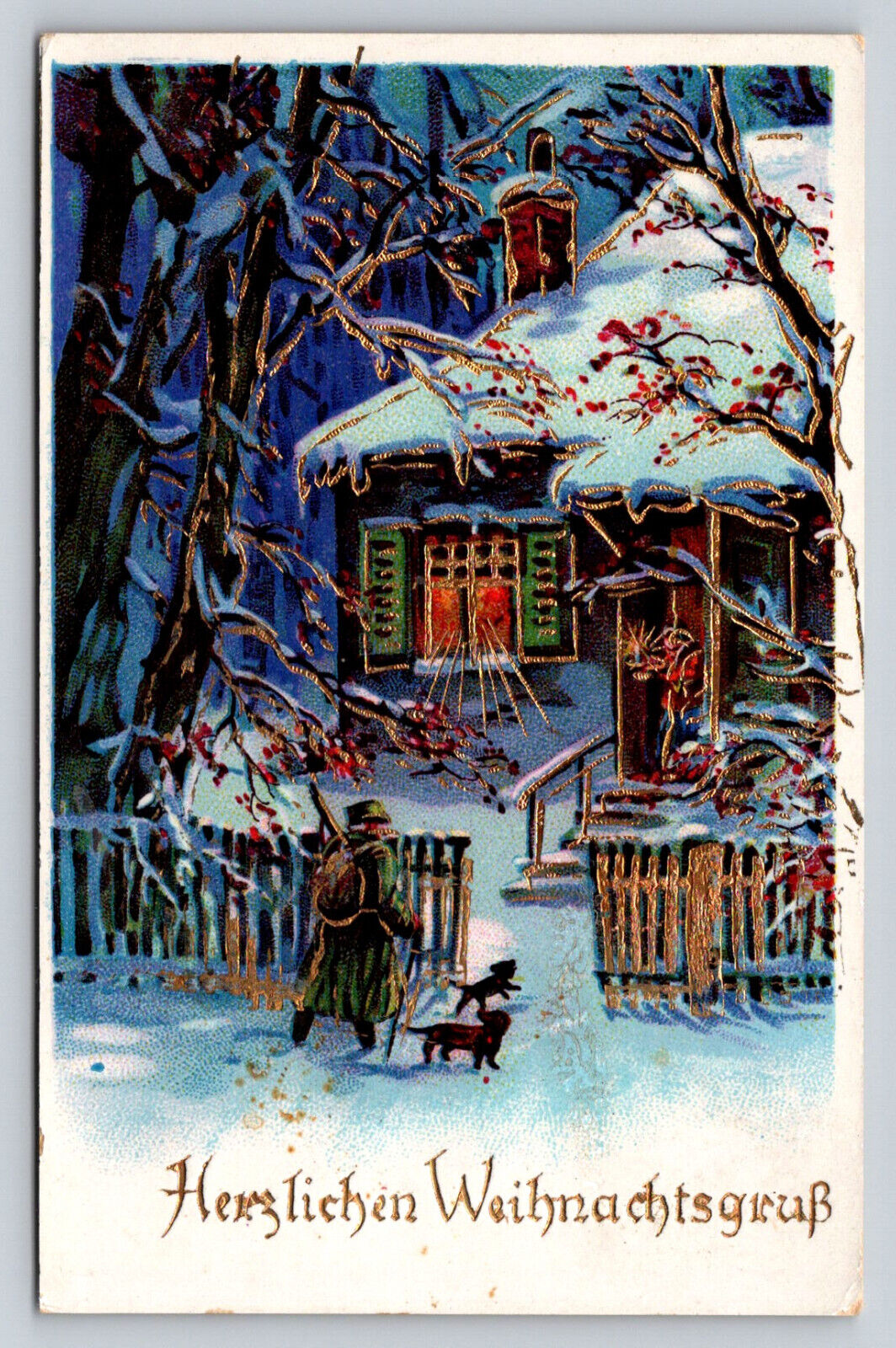 c1910  Man Dogs Outdoors Snow Candle House Open Door Germany Christmas  P812