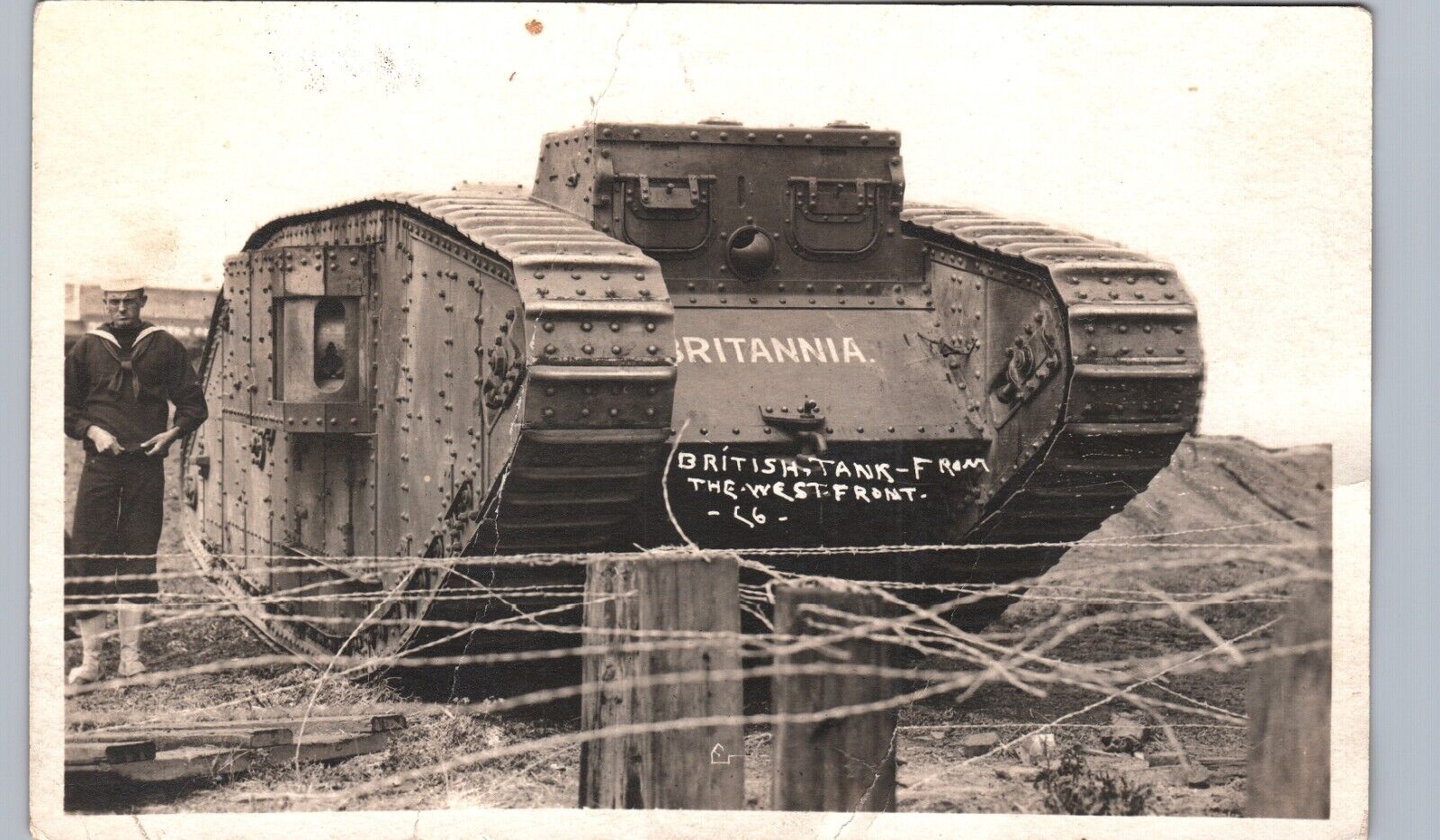 BRITISH TANK FROM WEST FRONT WW1 real photo postcard rppc britannia ~CREASED