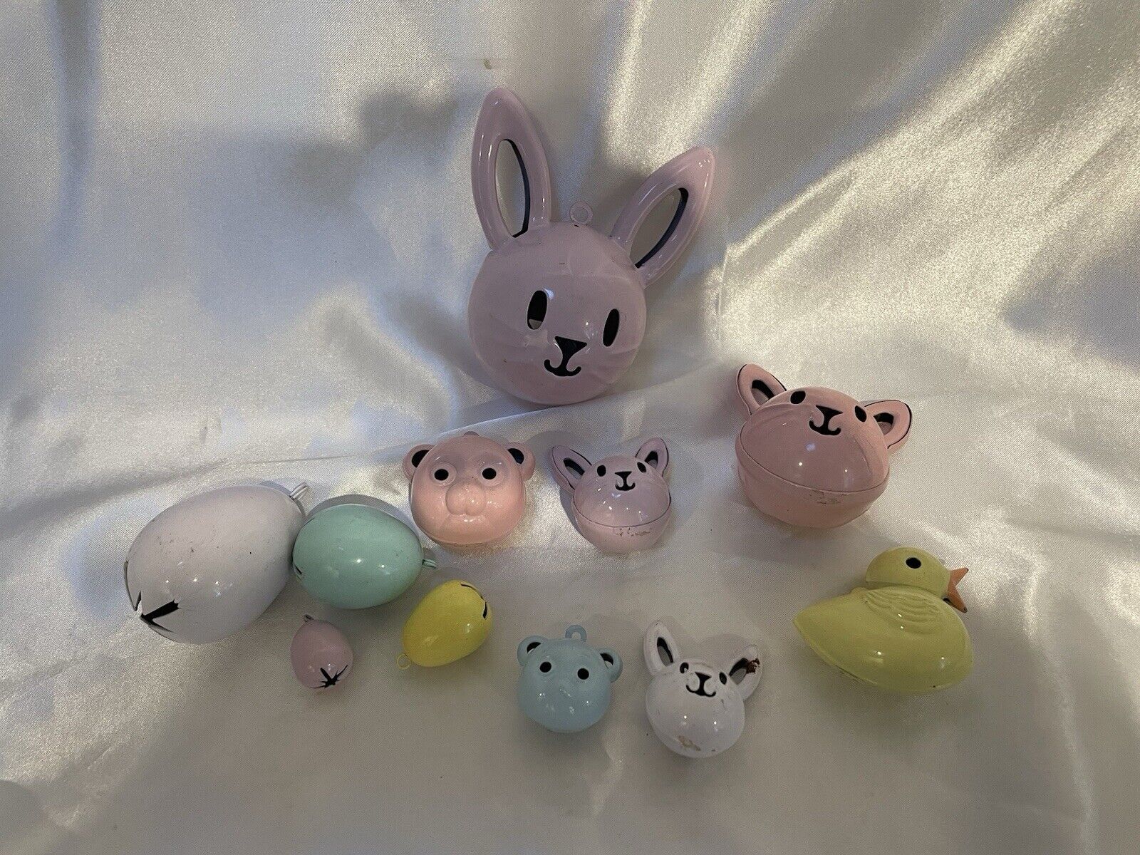 Vintage Easter Bunny Eggs Head Metal Jingle Bells Rabbits Pink White Lot 11