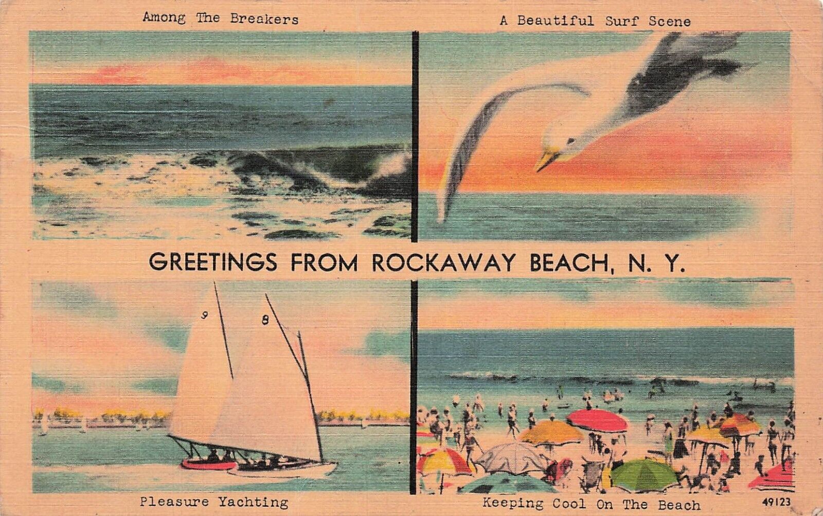 Rockaway Beach New York NY Yacht Sailing Surf 1940s Multi View Vtg Postcard E22