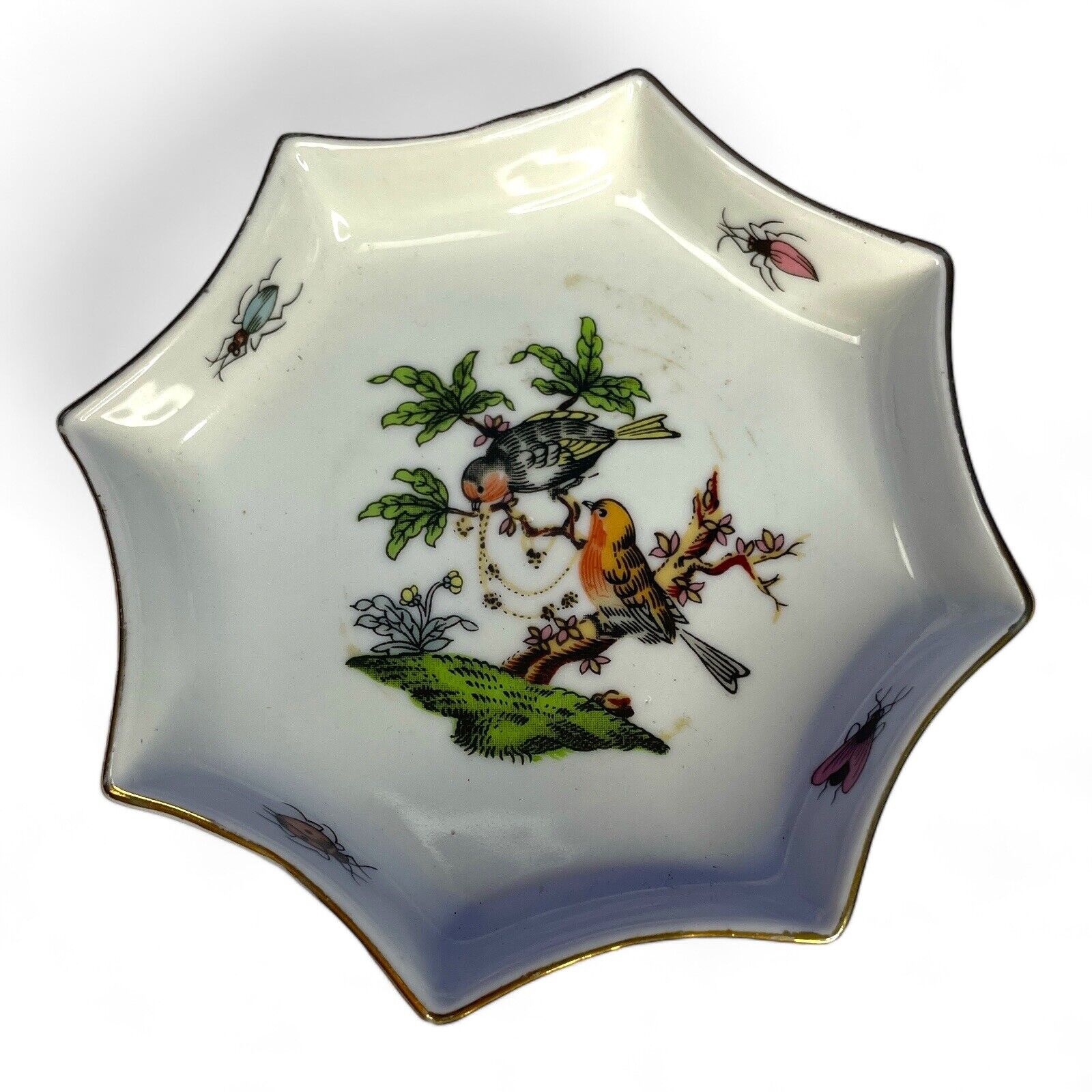 Vintage Porcelain Bird Bugs Octagon Shape Trinket Dish 4