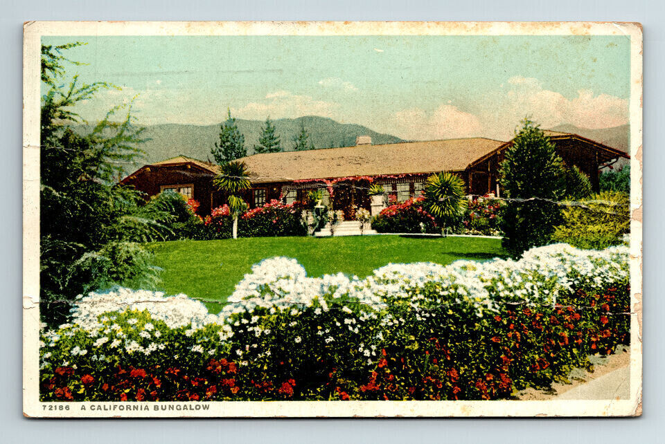 c1924 WB Postcard  CA Bungalo with Palms Flowers Mountains