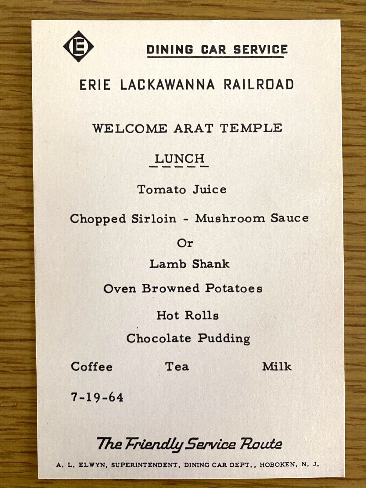 1964 ERIE LACKAWANNA RAILROAD vintage lunch menu DINING CAR SERVICE Arat Temple