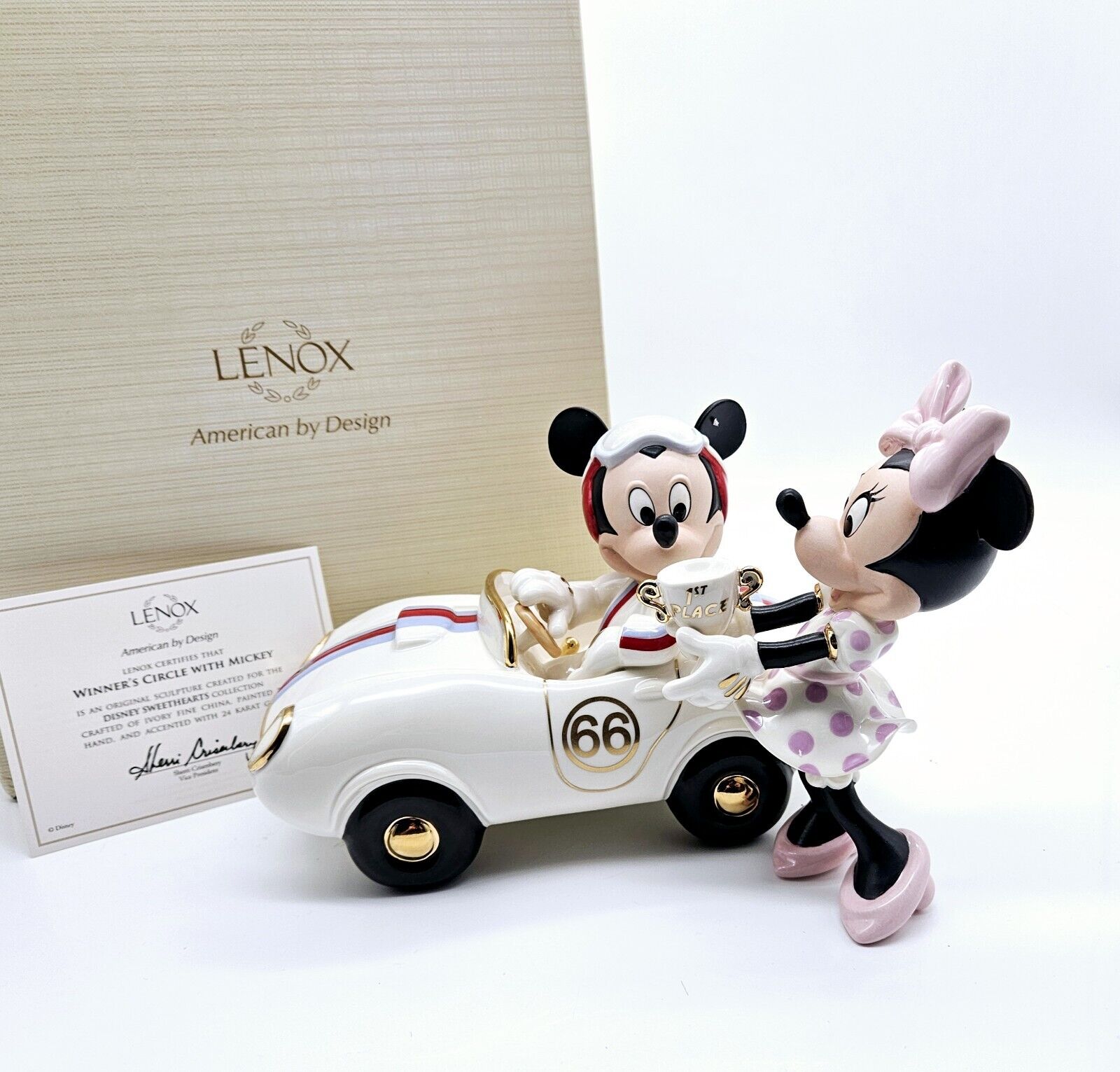Lenox Disney Winners Circle Mickey Minnie Mouse Racecar Figurine in Box COA 